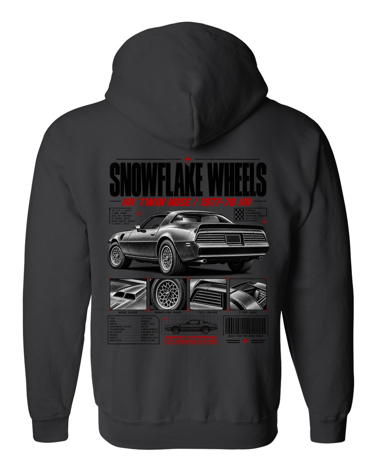 print dossier panels of a 1978 Pontiac Firebird Formula with snowflake wheels black zip hoodie back view with the design