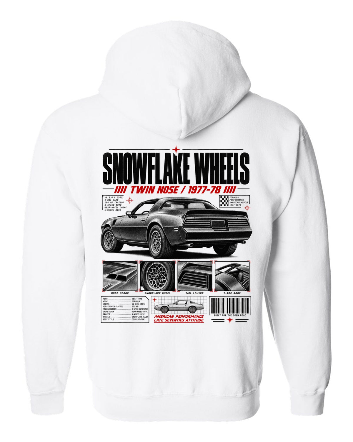 print dossier panels of a 1978 Pontiac Firebird Formula with snowflake wheels white zip hoodie back view with the design