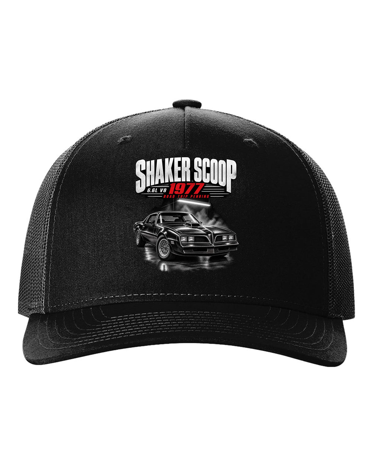 Garage night print of a 1977 Pontiac Firebird Trans Am with shaker scoop black hat front view with the design