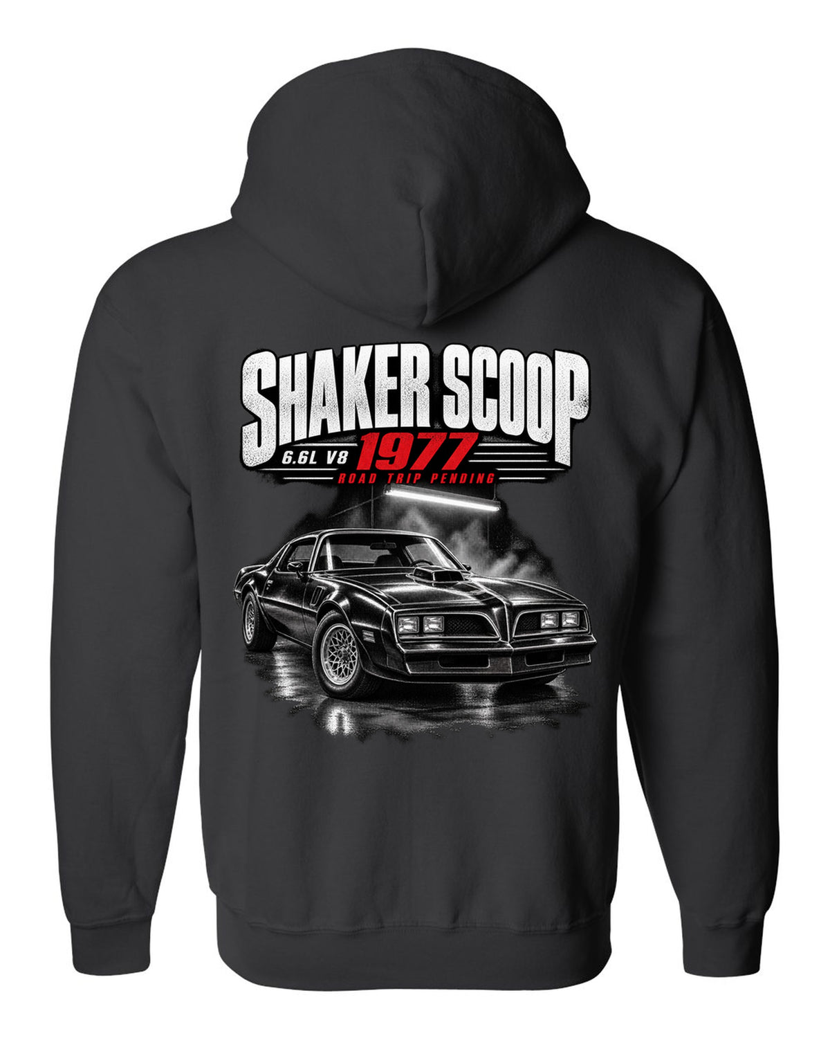 Garage night print of a 1977 Pontiac Firebird Trans Am with shaker scoop black zip hoodie back view with the design
