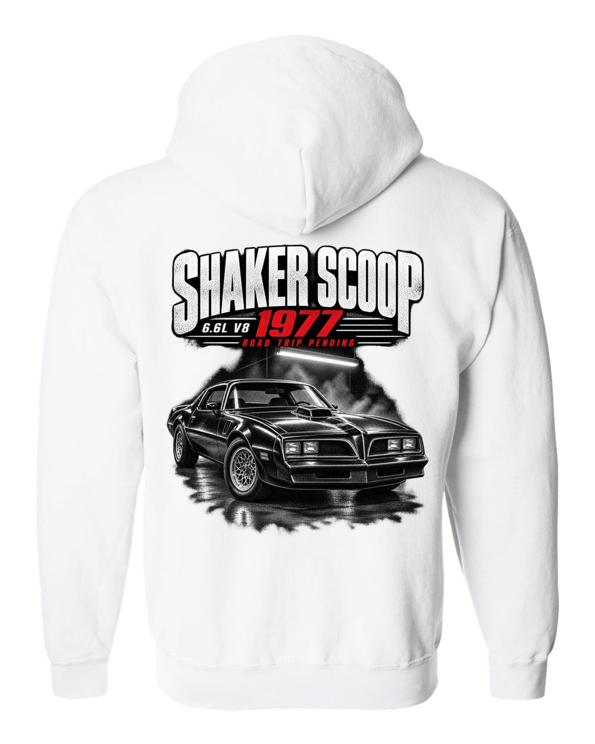 Garage night print of a 1977 Pontiac Firebird Trans Am with shaker scoop white zip hoodie back view with the design