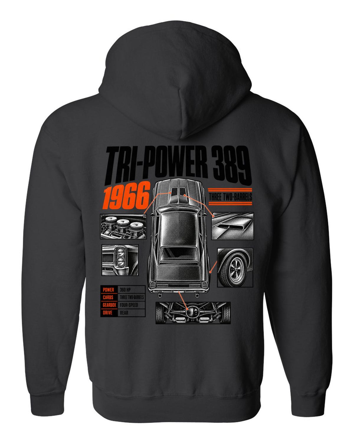 print spec poster of a 1966 Pontiac GTO with Tri-Power 389 lettering black zip hoodie back view with the design