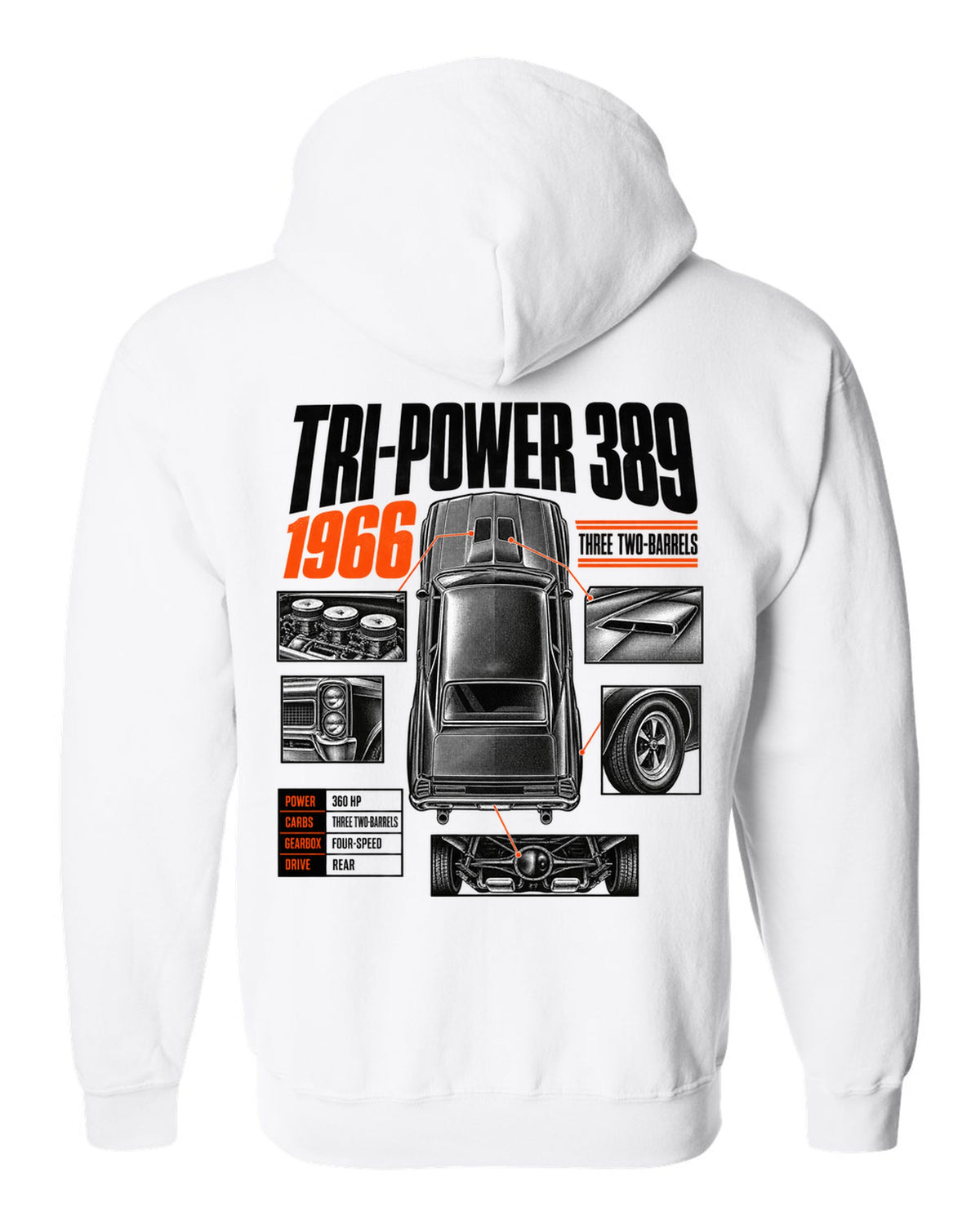 print spec poster of a 1966 Pontiac GTO with Tri-Power 389 lettering white zip hoodie back view with the design
