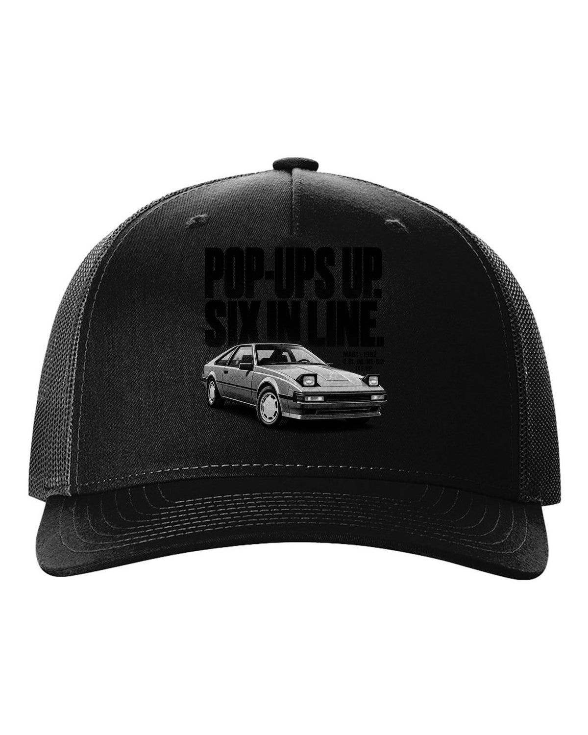 Halftone print of a Toyota Supra A60 MA61 wedge with the text Pop-Ups Up Six In Line black hat front view with the design