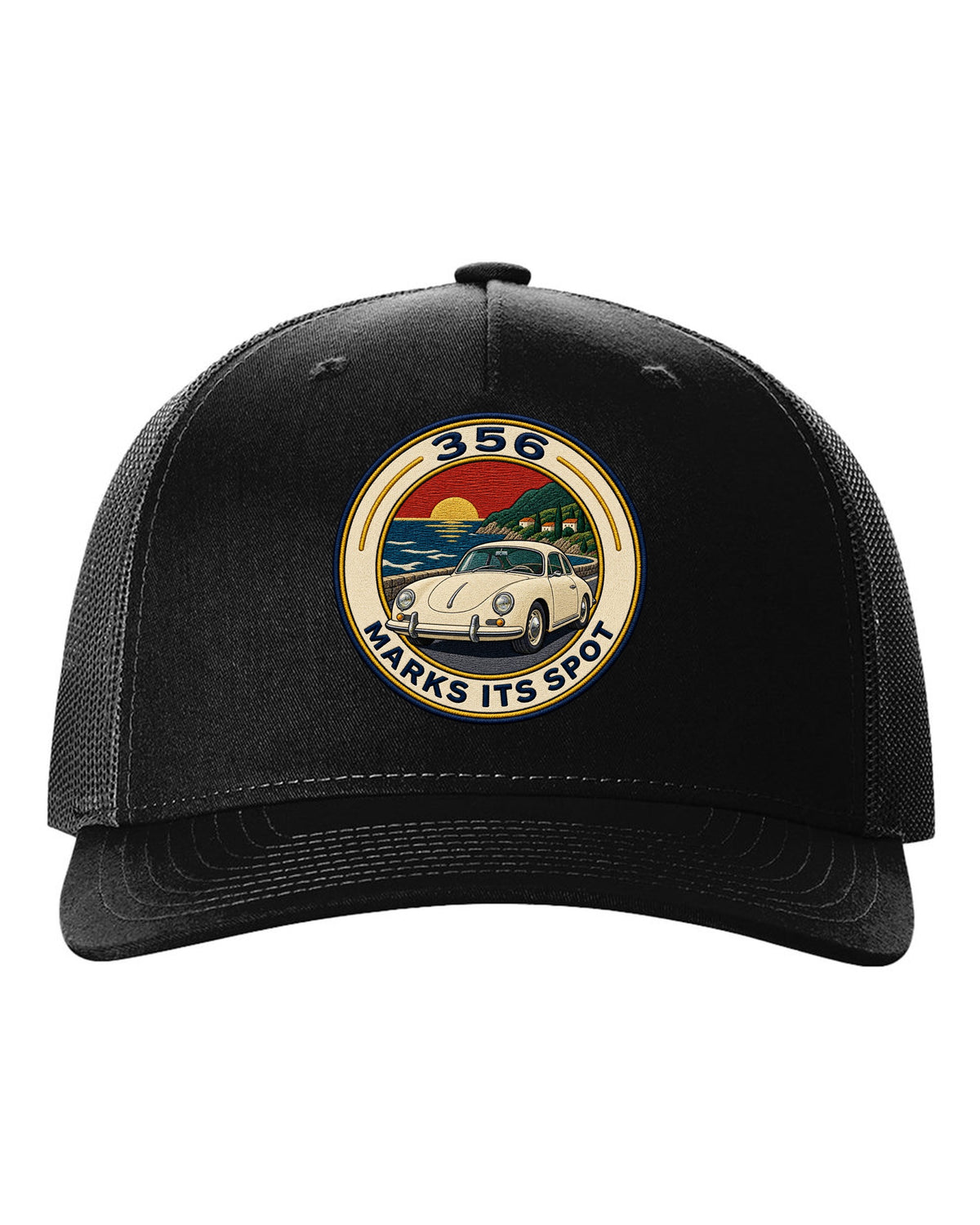 Round varsity crest style illustration of a Porsche 356 A black hat front view with the design