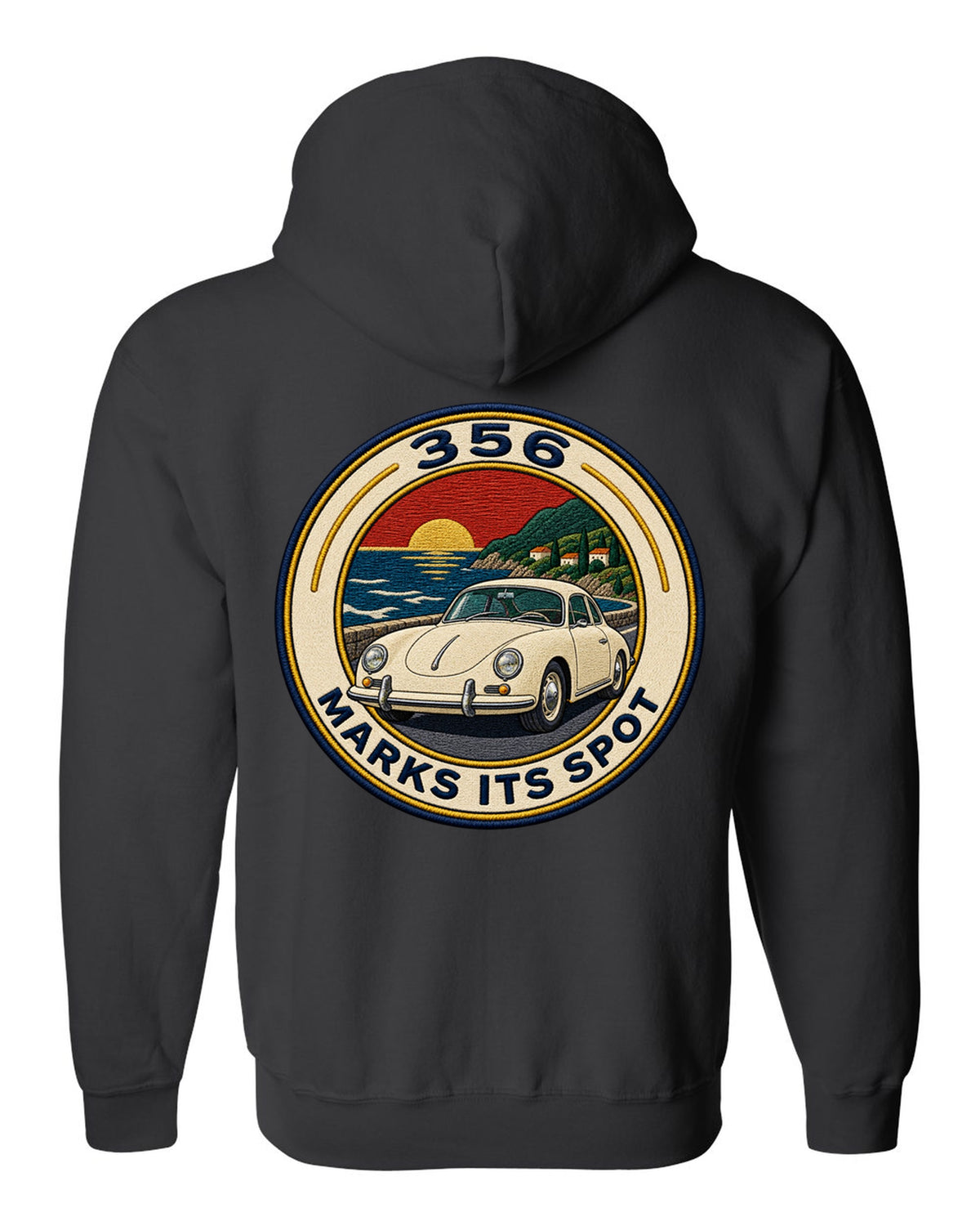 Round varsity crest style illustration of a Porsche 356 A black zip hoodie back view with the design