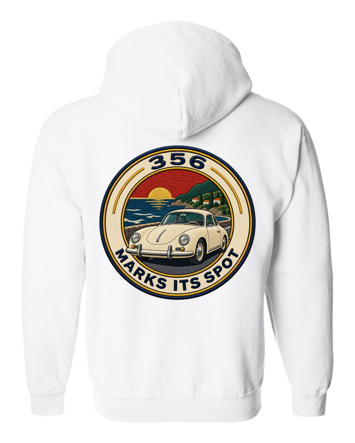 Round varsity crest style illustration of a Porsche 356 A white zip hoodie back view with the design