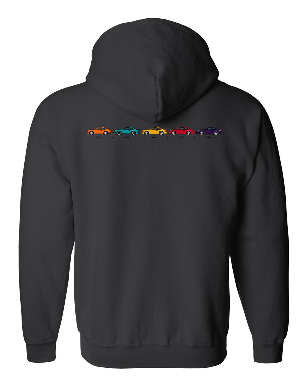 Retro Japanese showa advert style illustration of a 1955 Porsche 356 A Speedster black zip hoodie back view with the design