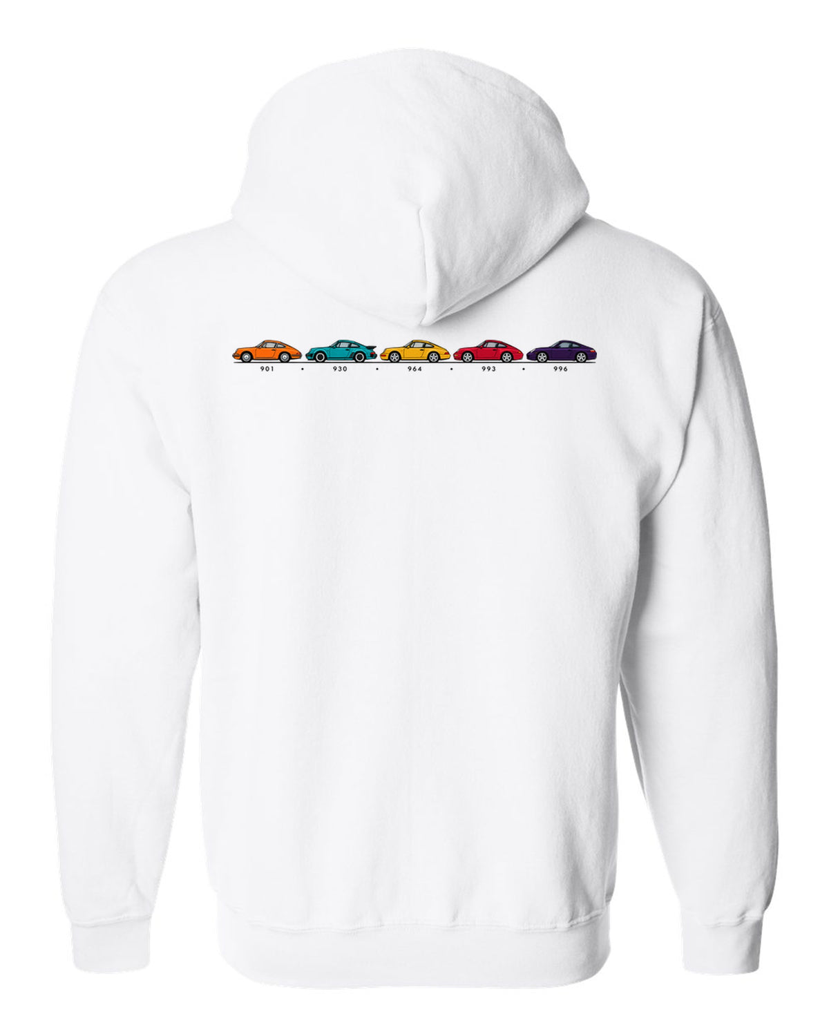 Retro Japanese showa advert style illustration of a 1955 Porsche 356 A Speedster white zip hoodie back view with the design