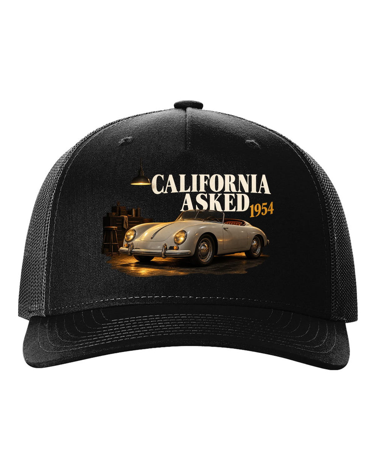 Garage night print of a 1954 Porsche 356 A Speedster with the caption California Asked black hat front view with the design