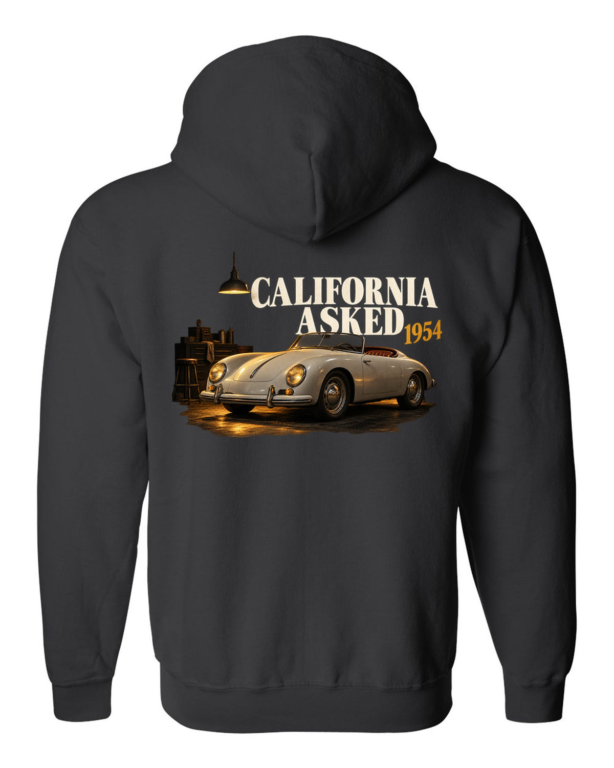 Garage night print of a 1954 Porsche 356 A Speedster with the caption California Asked black zip hoodie back view with the design
