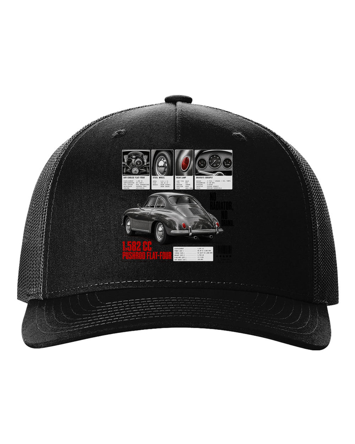 Dossier panel print of a Porsche 356 B coupe with 1,582 cc flat-four and no radiator text black hat front view with the design
