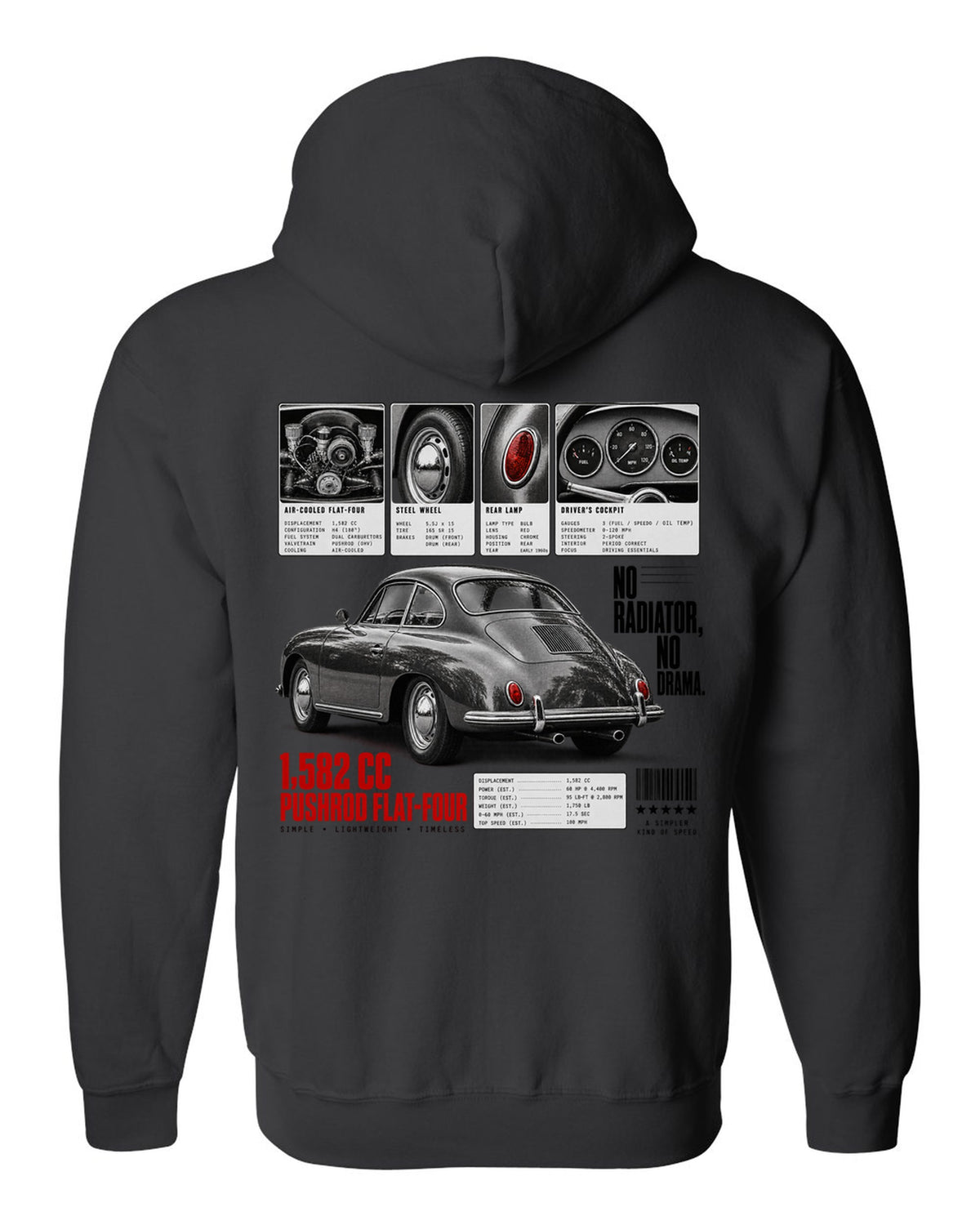 Dossier panel print of a Porsche 356 B coupe with 1,582 cc flat-four and no radiator text black zip hoodie back view with the design