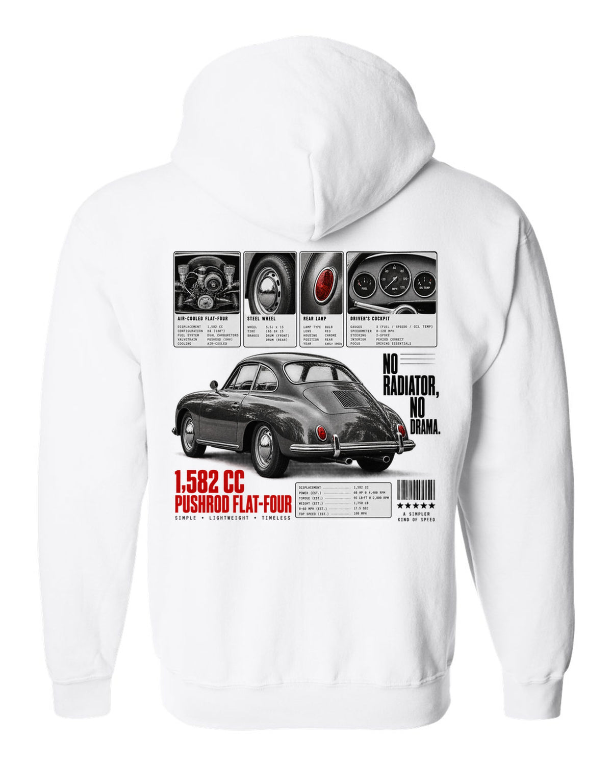 Dossier panel print of a Porsche 356 B coupe with 1,582 cc flat-four and no radiator text white zip hoodie back view with the design
