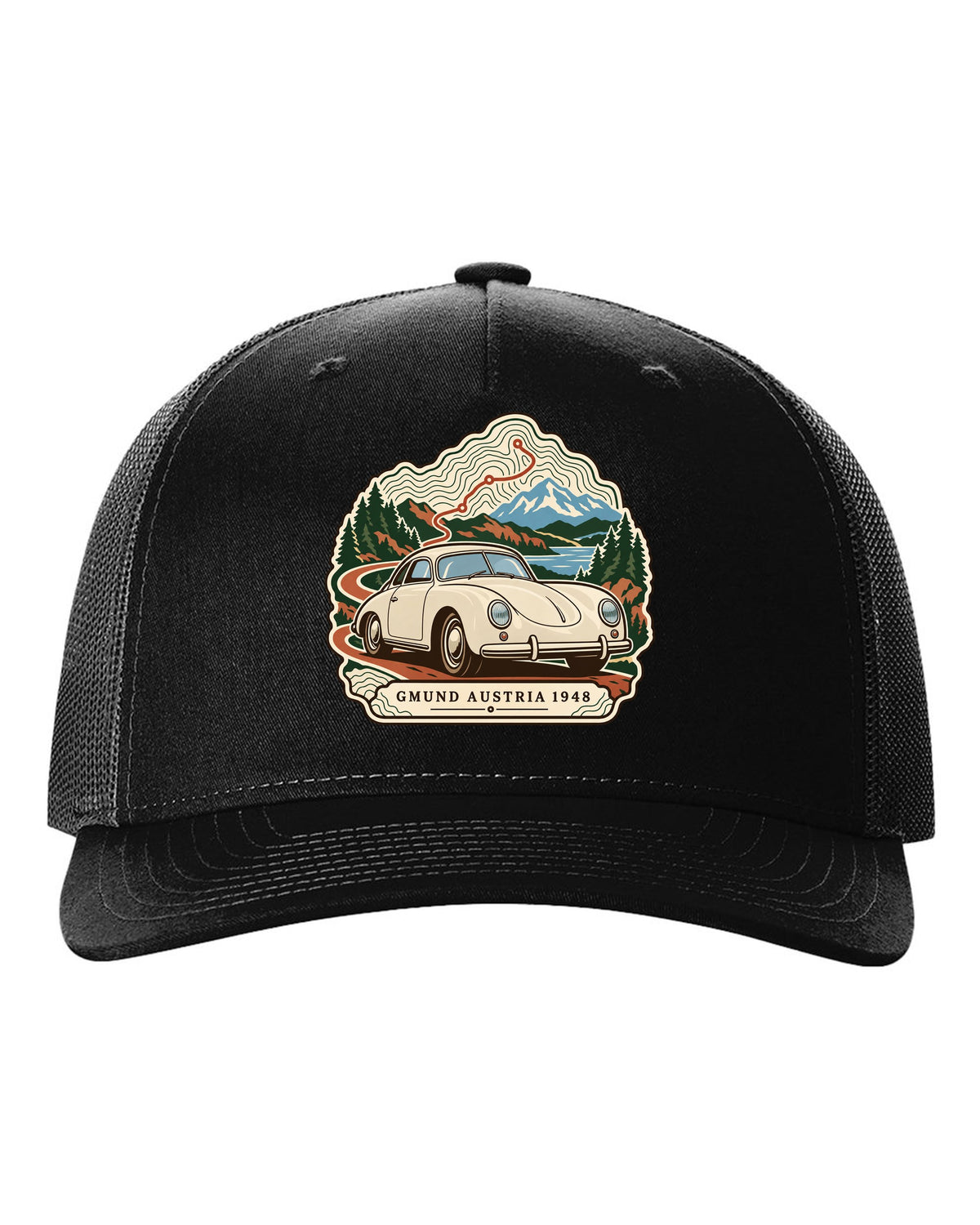 Topographic contour map design marking Gmund Austria 1948 for the Porsche 356 black hat front view with the design