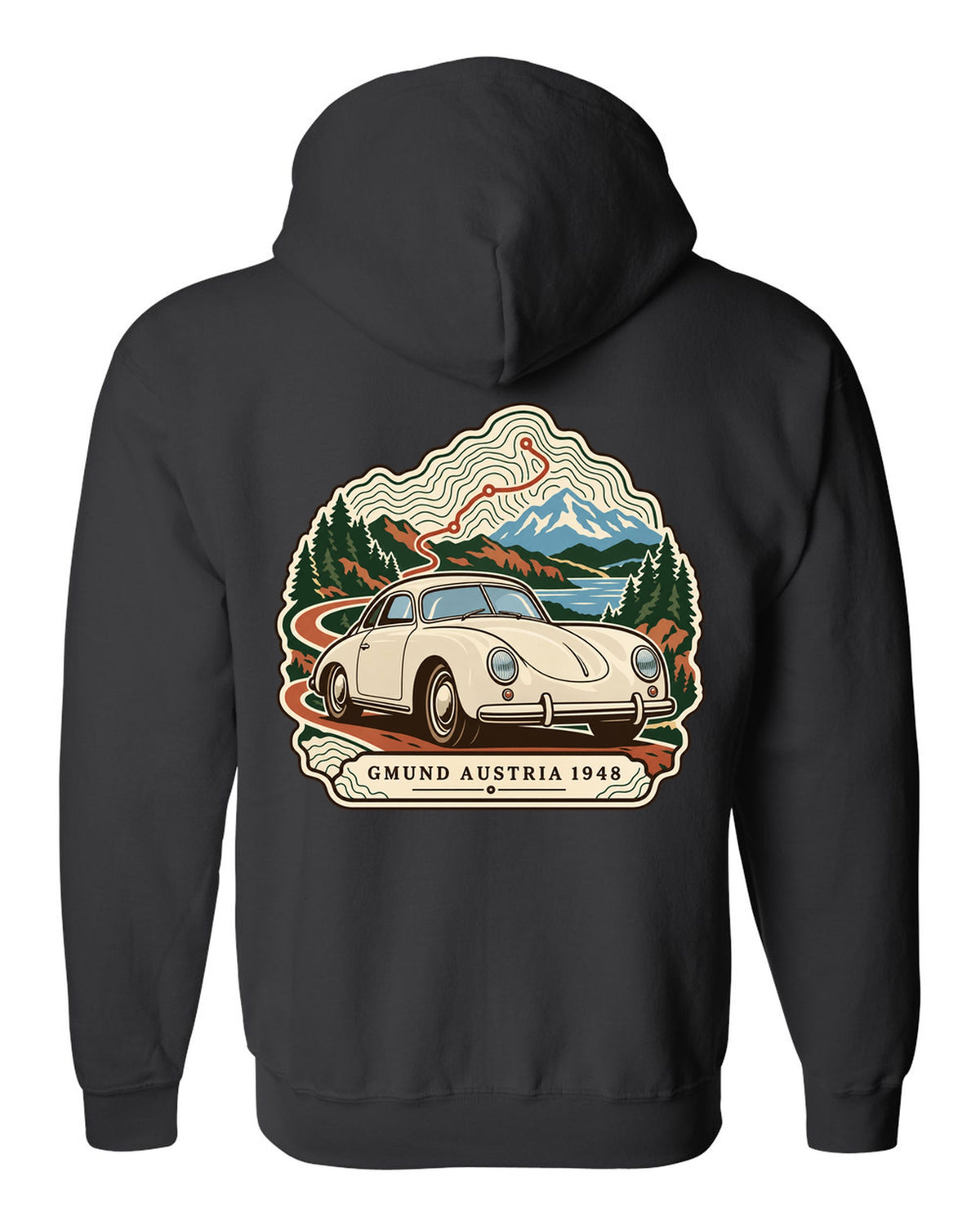 Topographic contour map design marking Gmund Austria 1948 for the Porsche 356 black zip hoodie back view with the design