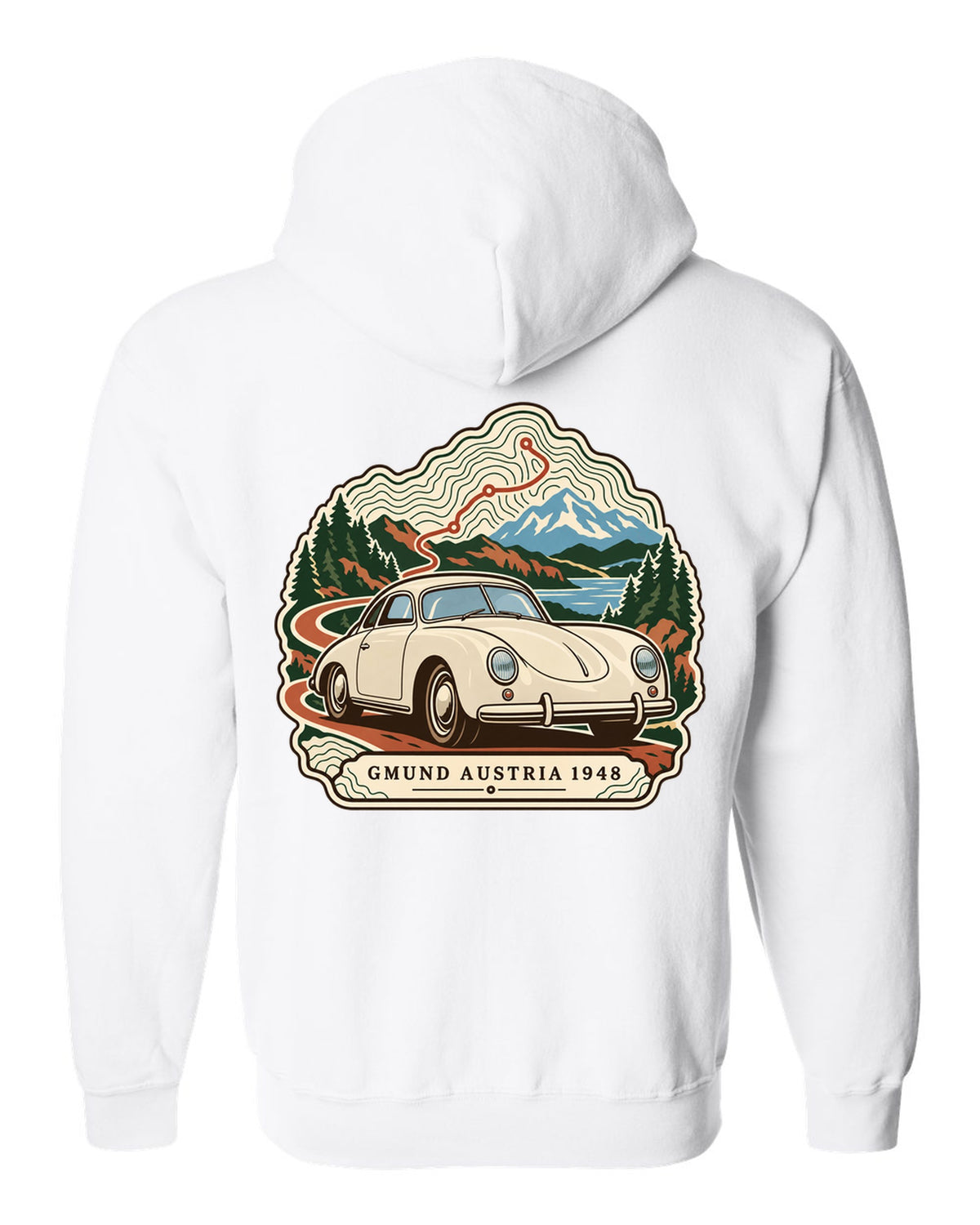 Topographic contour map design marking Gmund Austria 1948 for the Porsche 356 white zip hoodie back view with the design