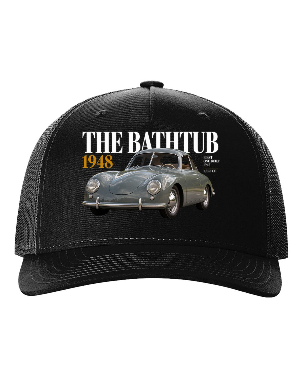 Editorial headline print of the 1948 Porsche 356 Pre-A coupe nicknamed the Bathtub black hat front view with the design