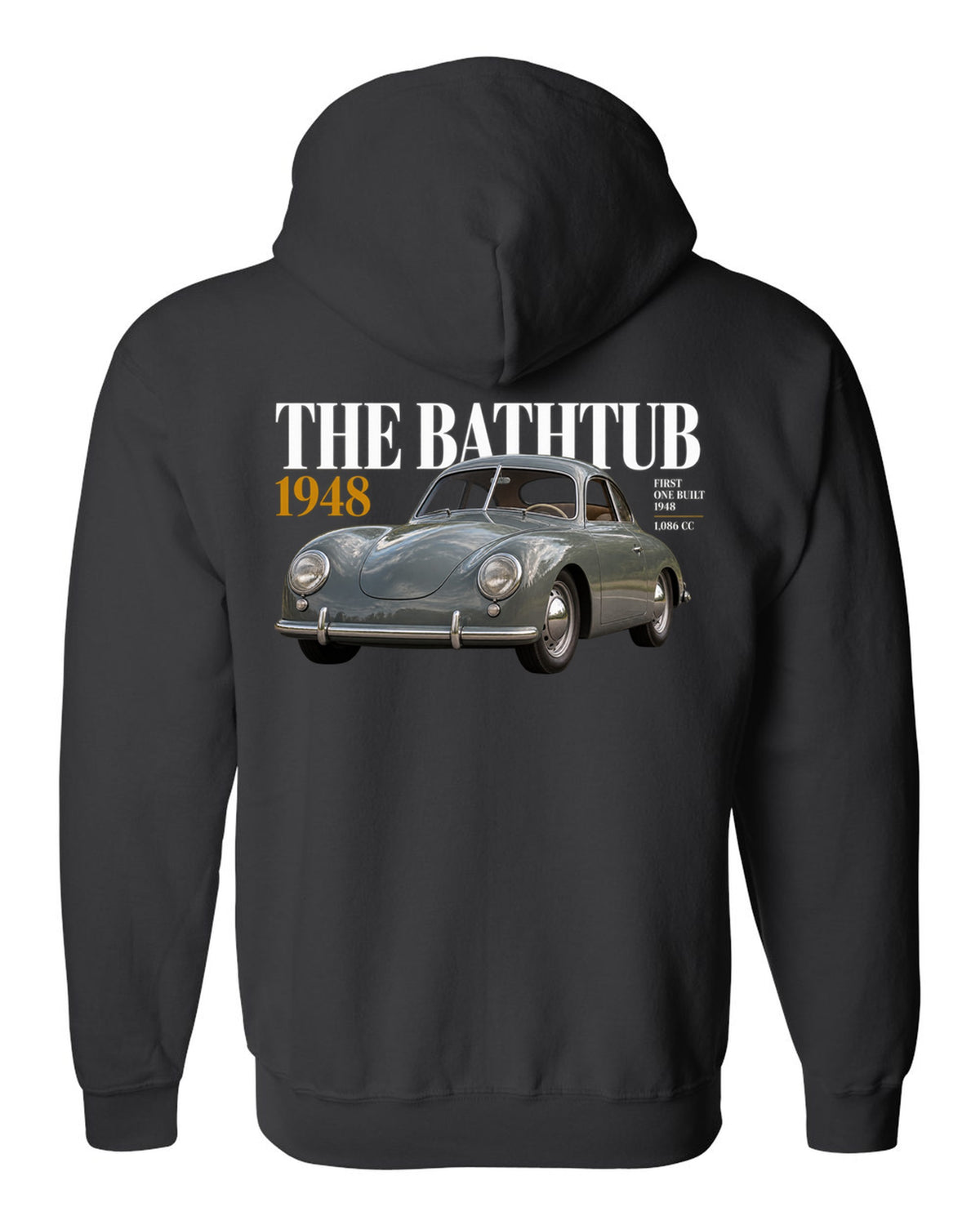 Editorial headline print of the 1948 Porsche 356 Pre-A coupe nicknamed the Bathtub black zip hoodie back view with the design