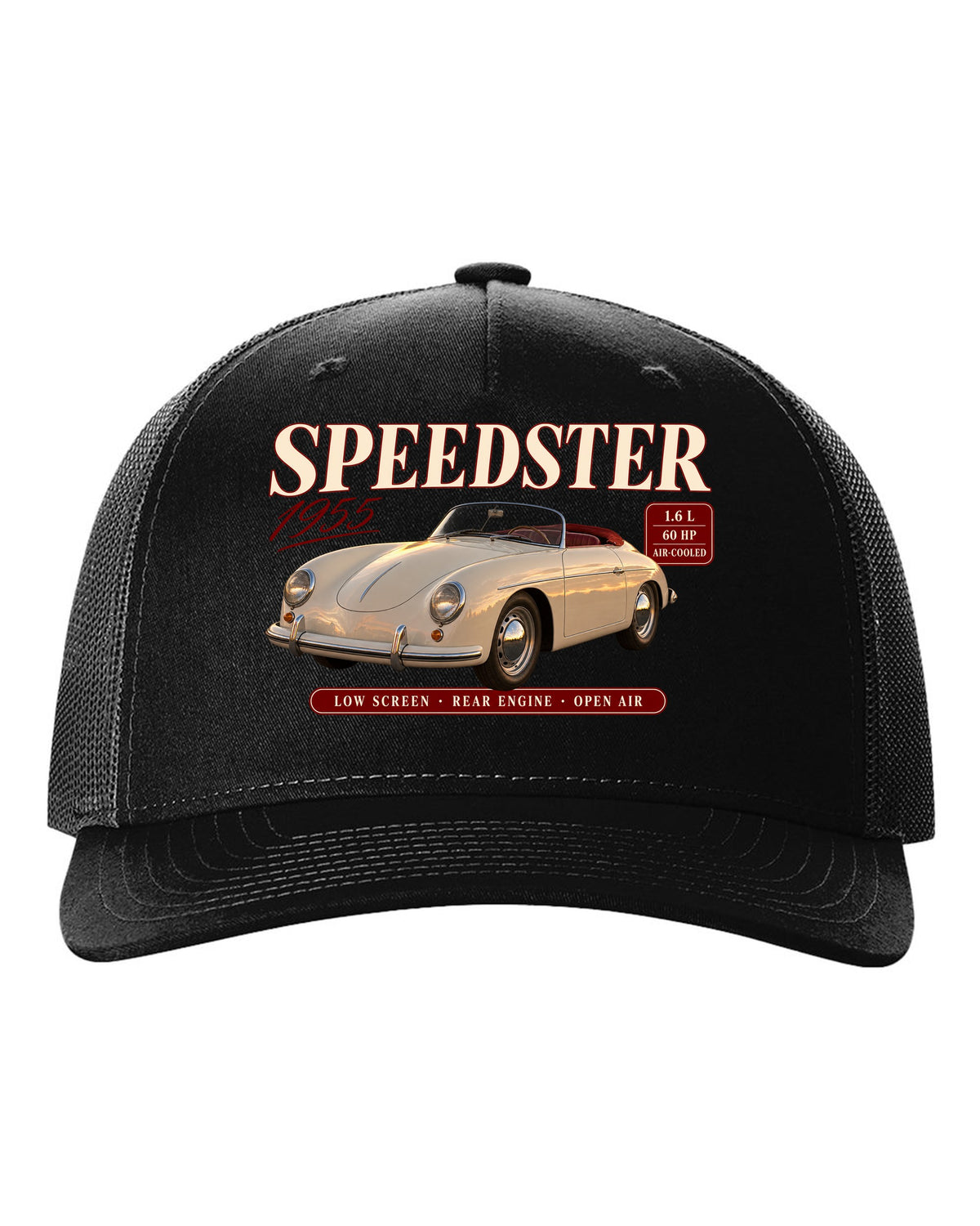 Archive spec panel print for the 1955 Porsche 356 Speedster with low screen and air-cooled specs black hat front view with the design