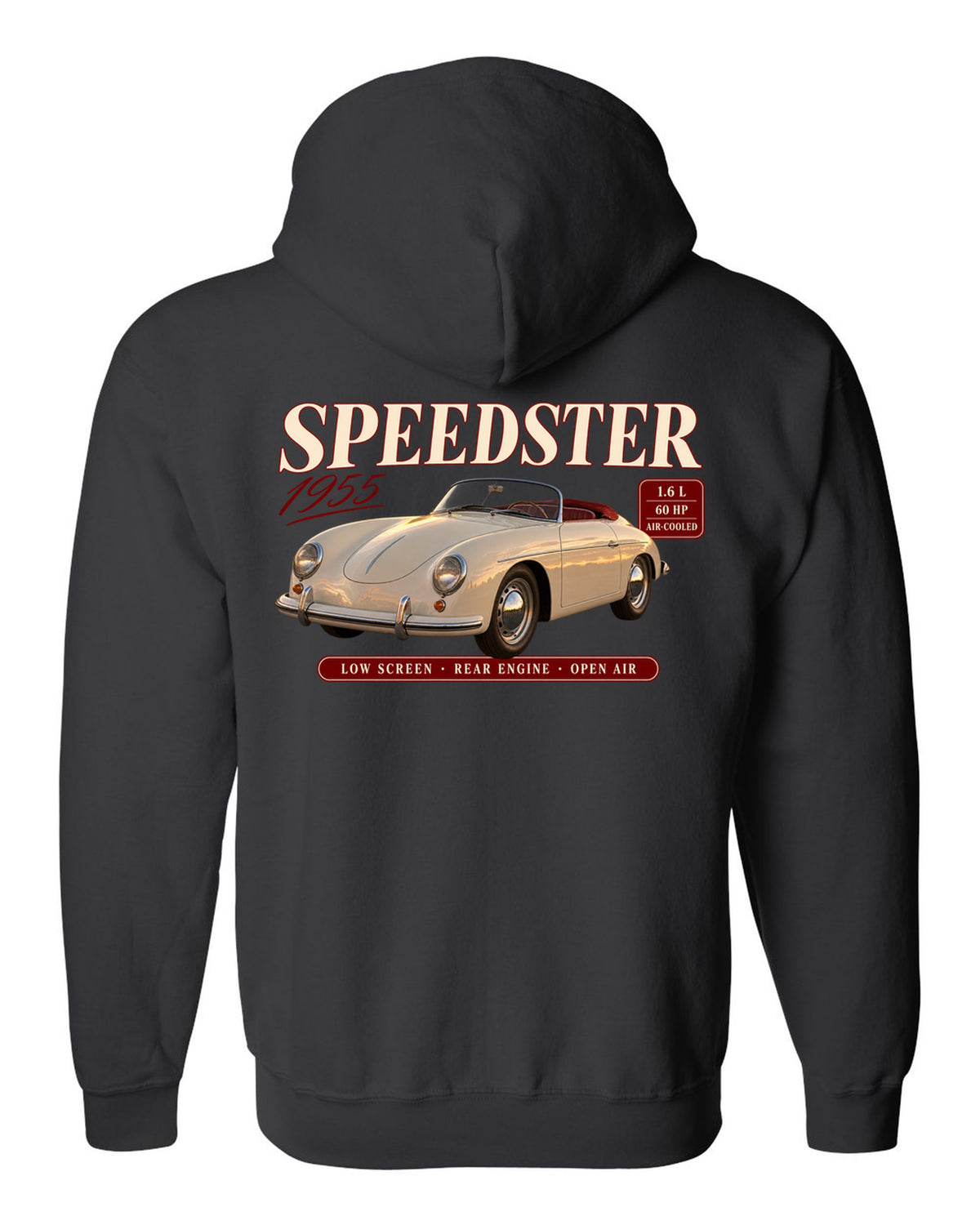 Archive spec panel print for the 1955 Porsche 356 Speedster with low screen and air-cooled specs black zip hoodie back view with the design
