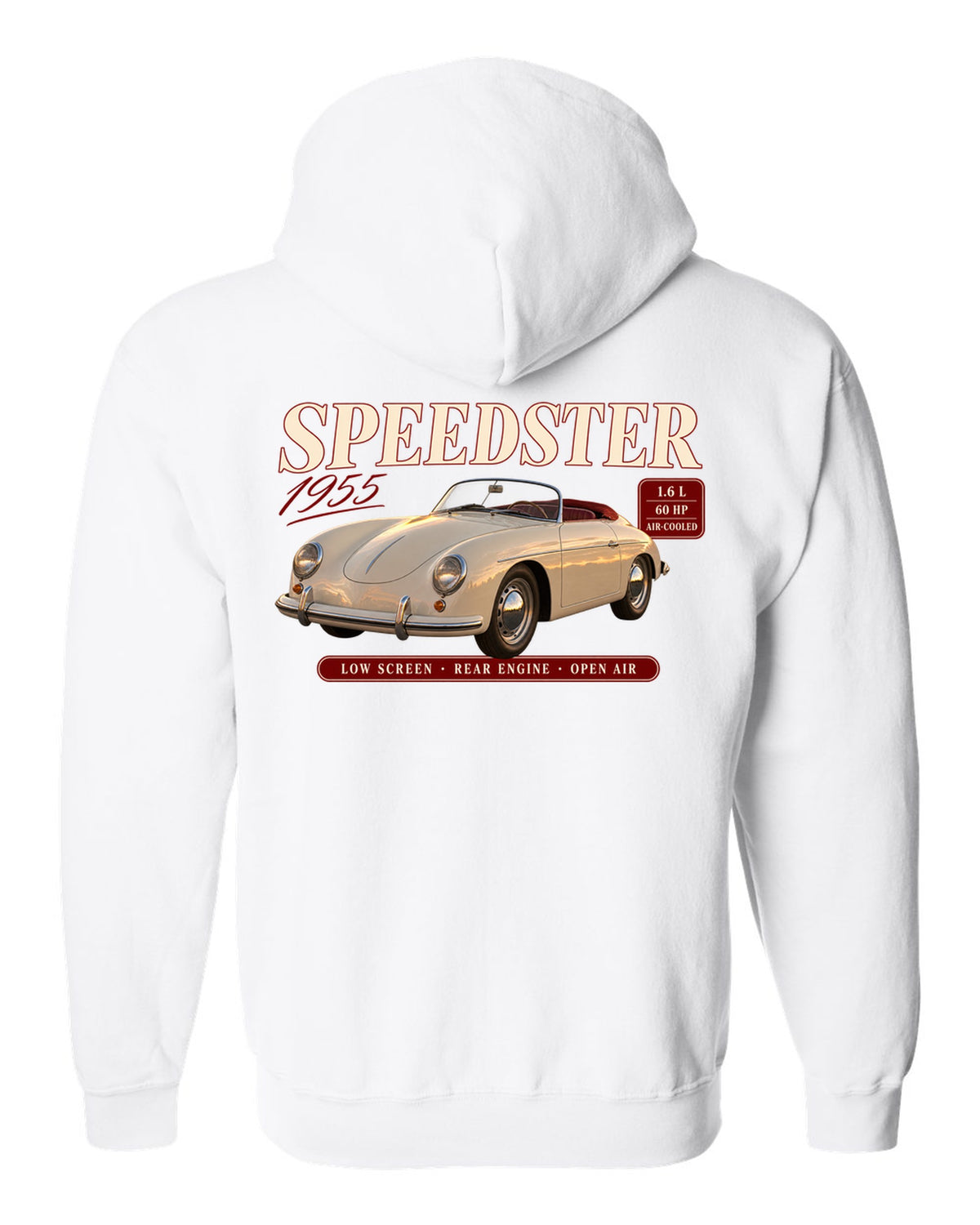 Archive spec panel print for the 1955 Porsche 356 Speedster with low screen and air-cooled specs white zip hoodie back view with the design