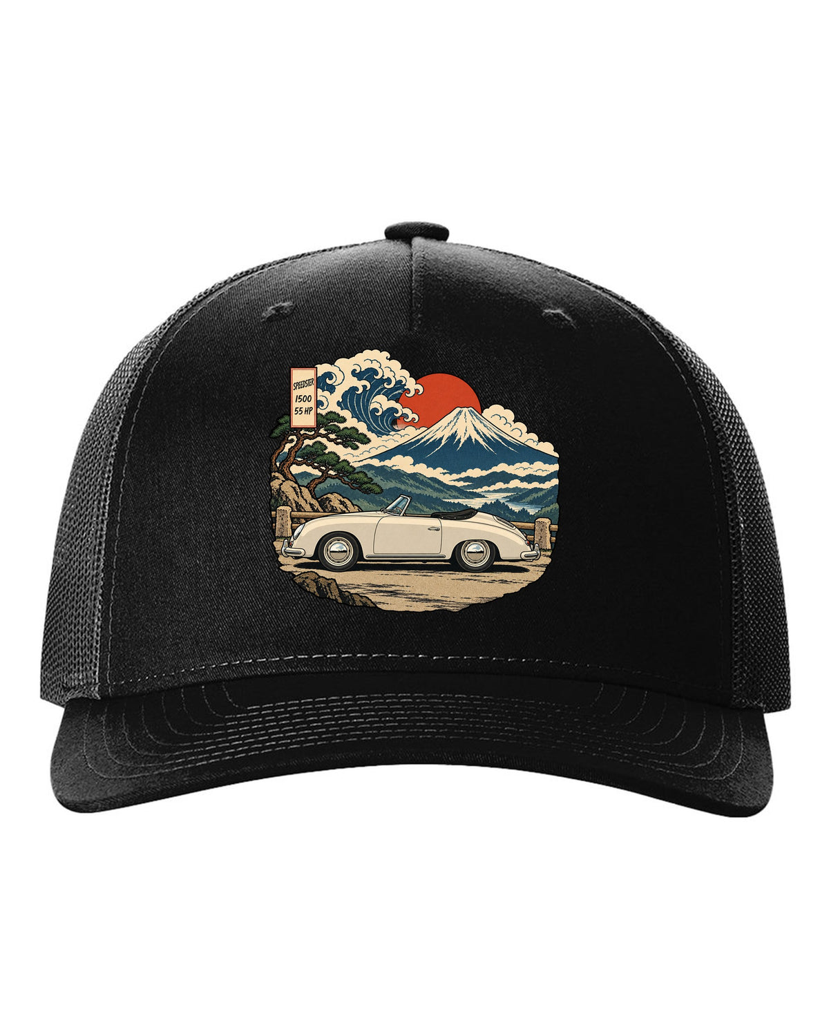 Ukiyo-e woodblock style Porsche 356 Pre-A Speedster on a mountain pass black hat front view with the design