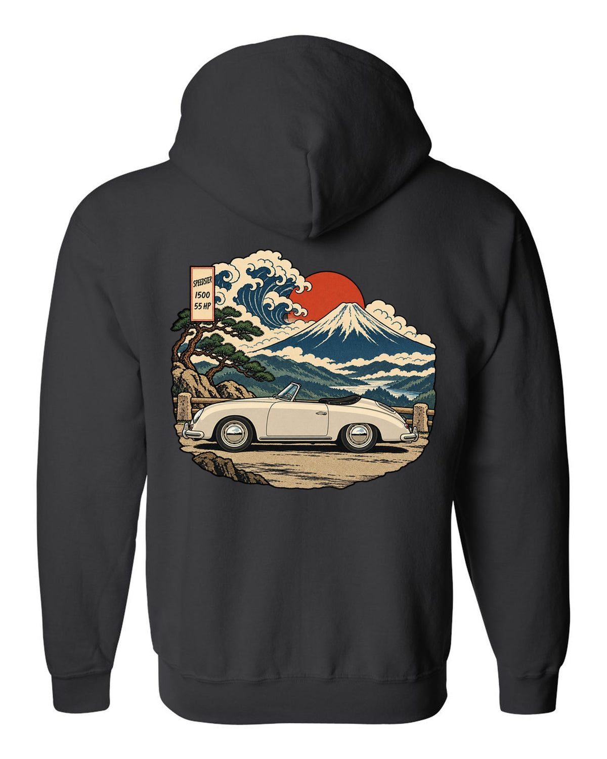 Ukiyo-e woodblock style Porsche 356 Pre-A Speedster on a mountain pass black zip hoodie back view with the design