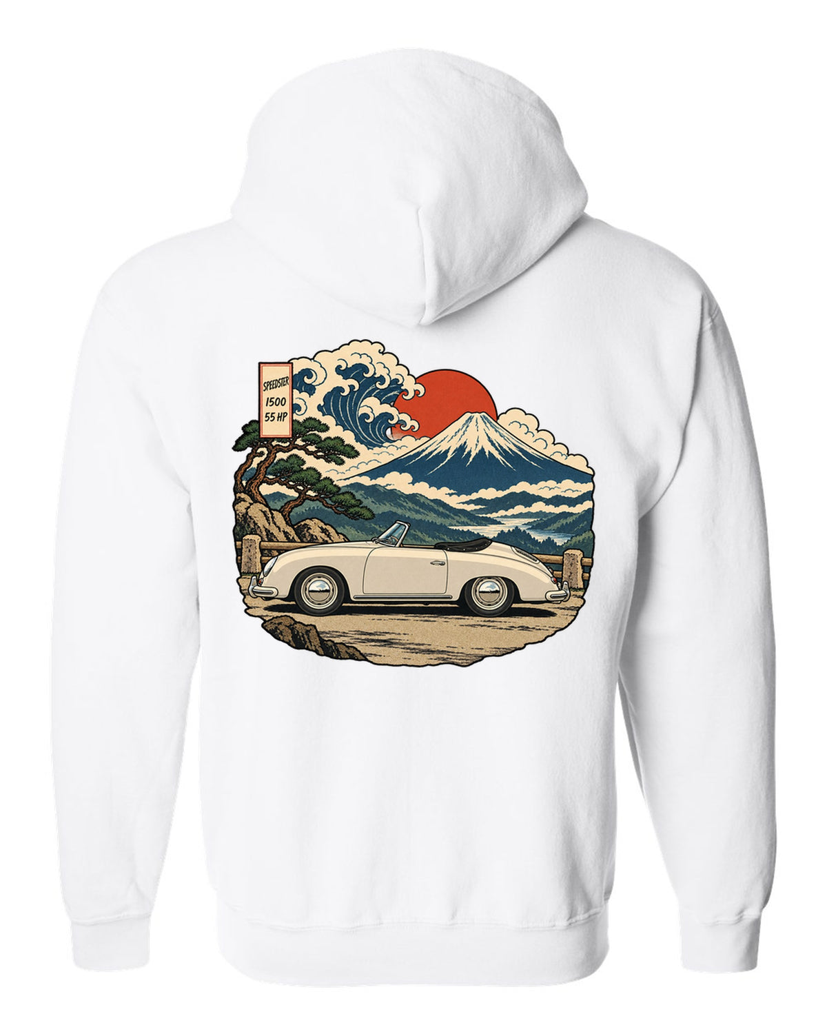 Ukiyo-e woodblock style Porsche 356 Pre-A Speedster on a mountain pass white zip hoodie back view with the design