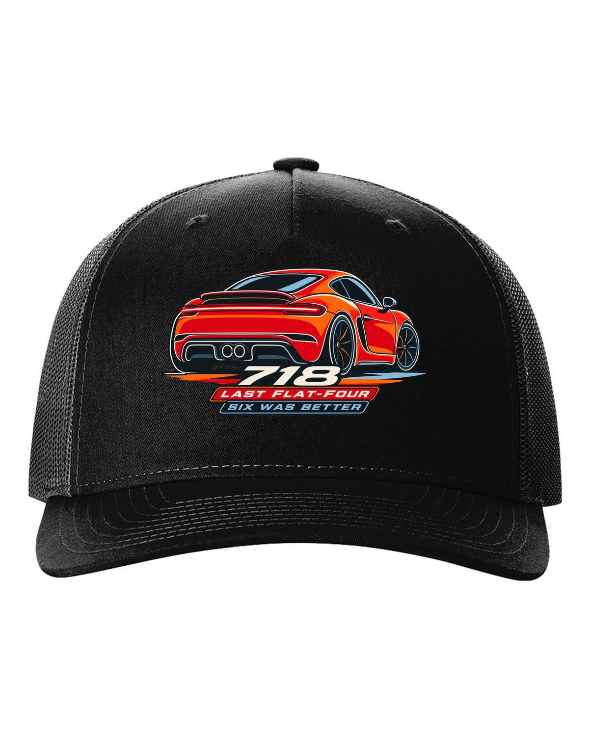 Minimalist continuous line art print of a Porsche 718 Cayman 982 taillight with the text 718, last flat-four, six was better black hat front view with the design