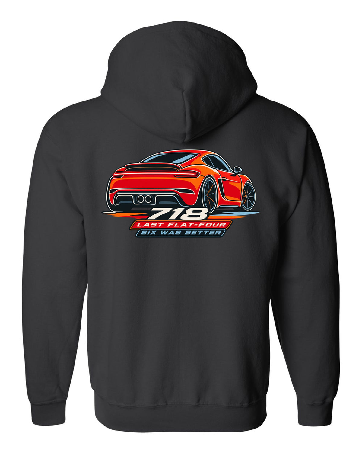 Minimalist continuous line art print of a Porsche 718 Cayman 982 taillight with the text 718, last flat-four, six was better black zip hoodie back view with the design