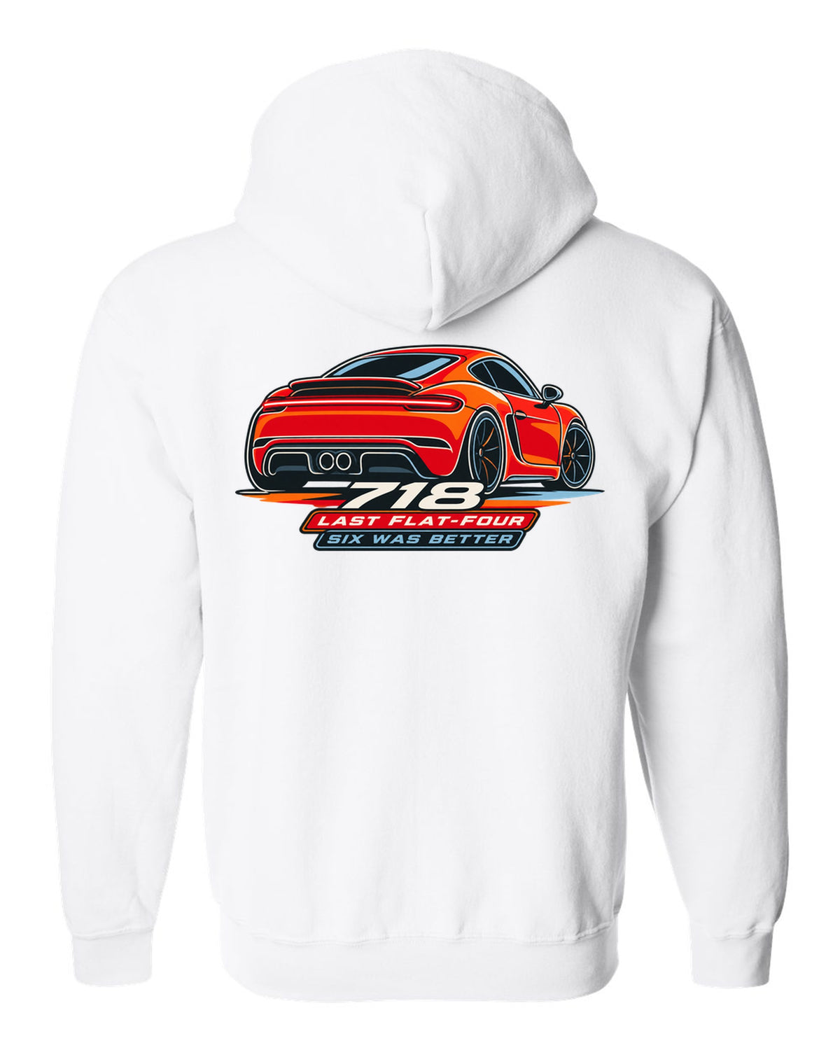 Minimalist continuous line art print of a Porsche 718 Cayman 982 taillight with the text 718, last flat-four, six was better white zip hoodie back view with the design
