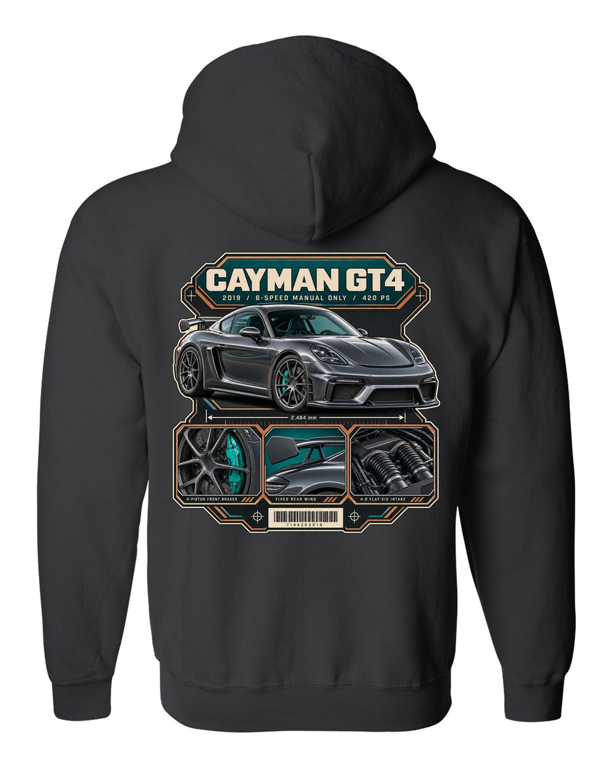 Dossier panel print of a Porsche 718 Cayman GT4 982 black zip hoodie back view with the design