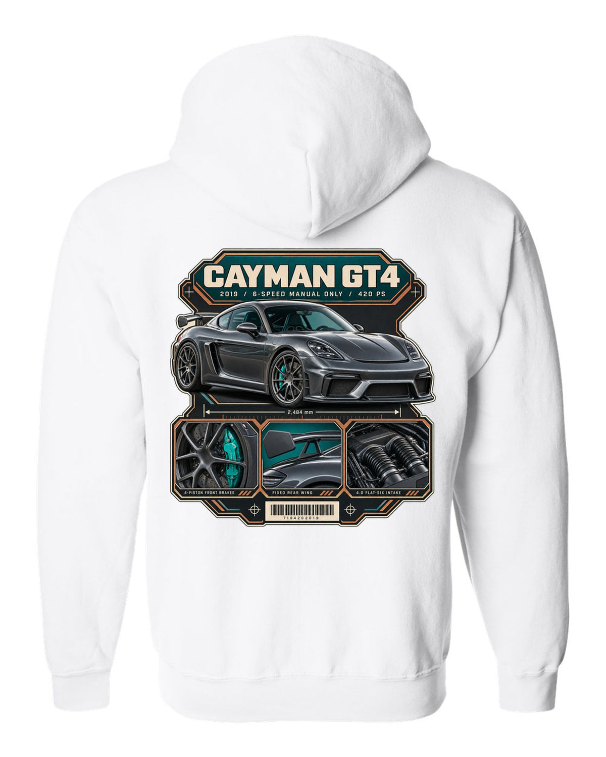 Dossier panel print of a Porsche 718 Cayman GT4 982 white zip hoodie back view with the design