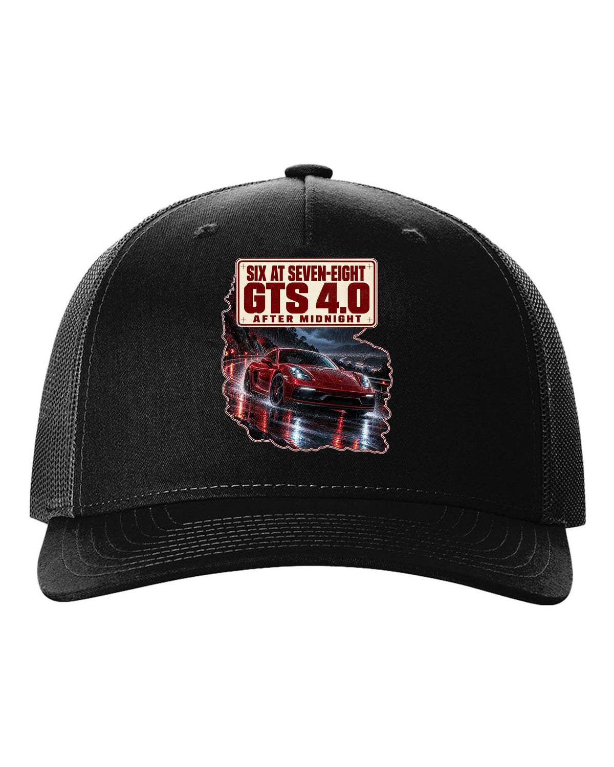 Night street print of a Porsche 718 Cayman GTS 4.0 982 with six at seven-eight text black hat front view with the design