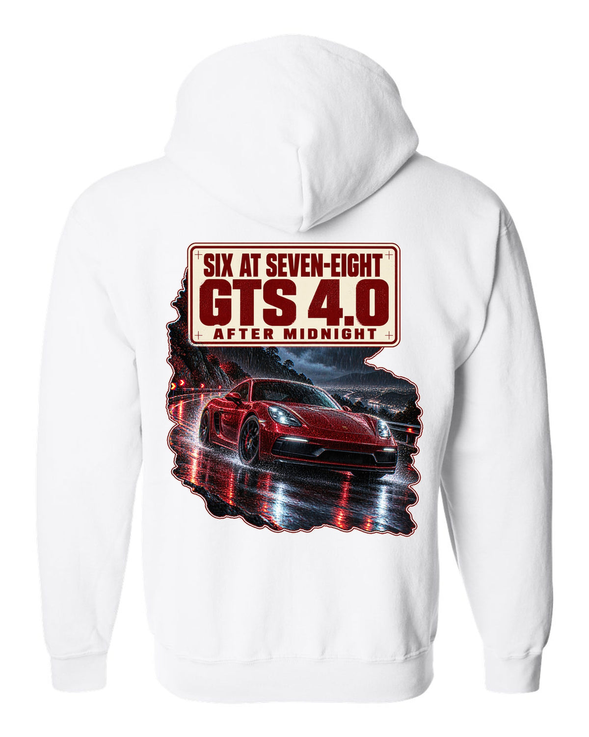 Night street print of a Porsche 718 Cayman GTS 4.0 982 with six at seven-eight text white zip hoodie back view with the design