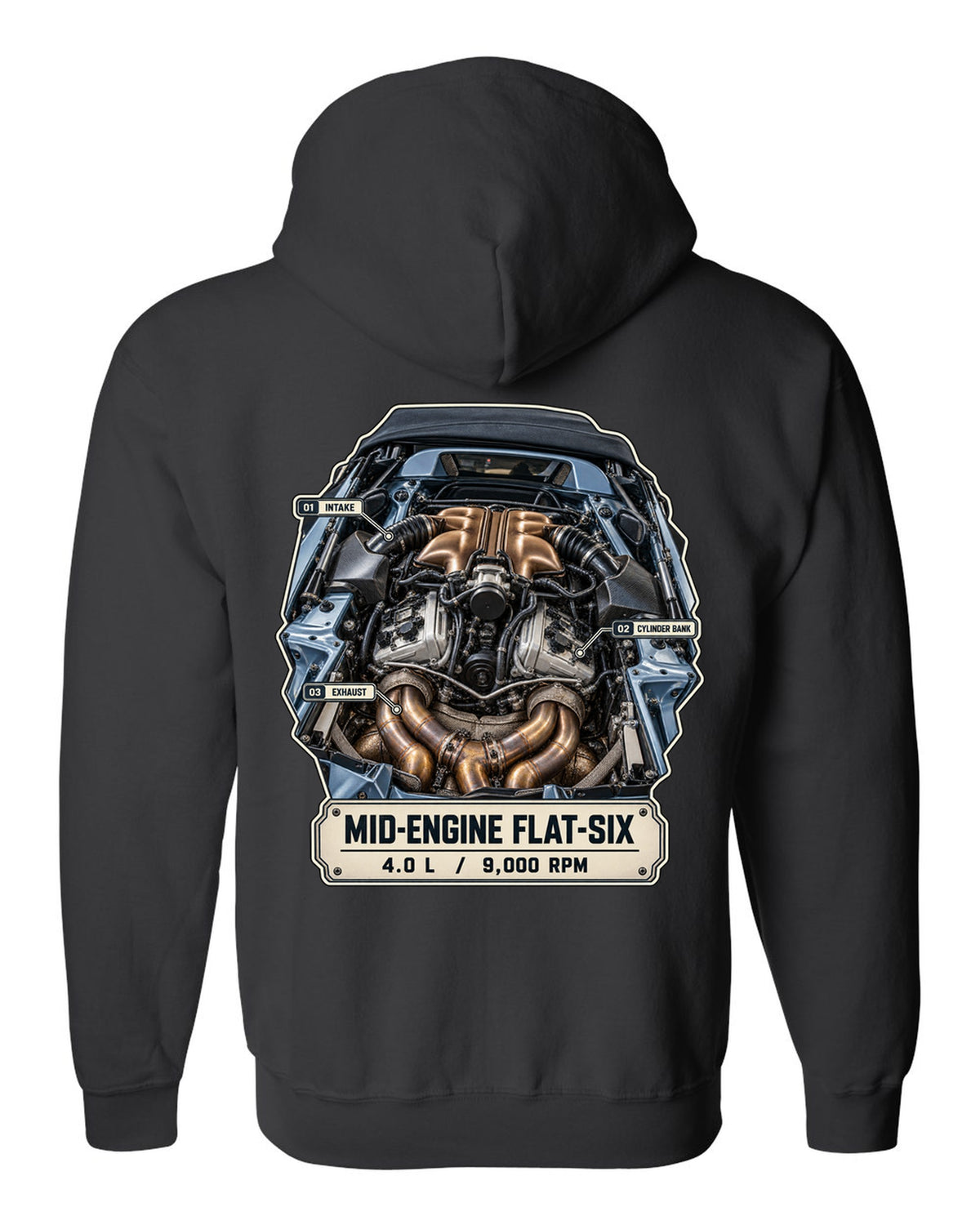 Engine hero print of a Porsche 718 Spyder RS 982 showing the mid-engine 4.0 L flat-six black zip hoodie back view with the design