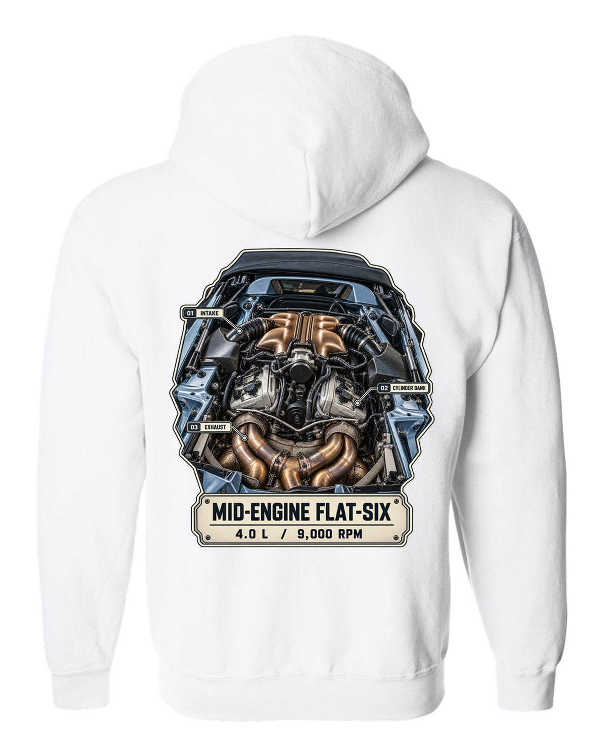 Engine hero print of a Porsche 718 Spyder RS 982 showing the mid-engine 4.0 L flat-six white zip hoodie back view with the design
