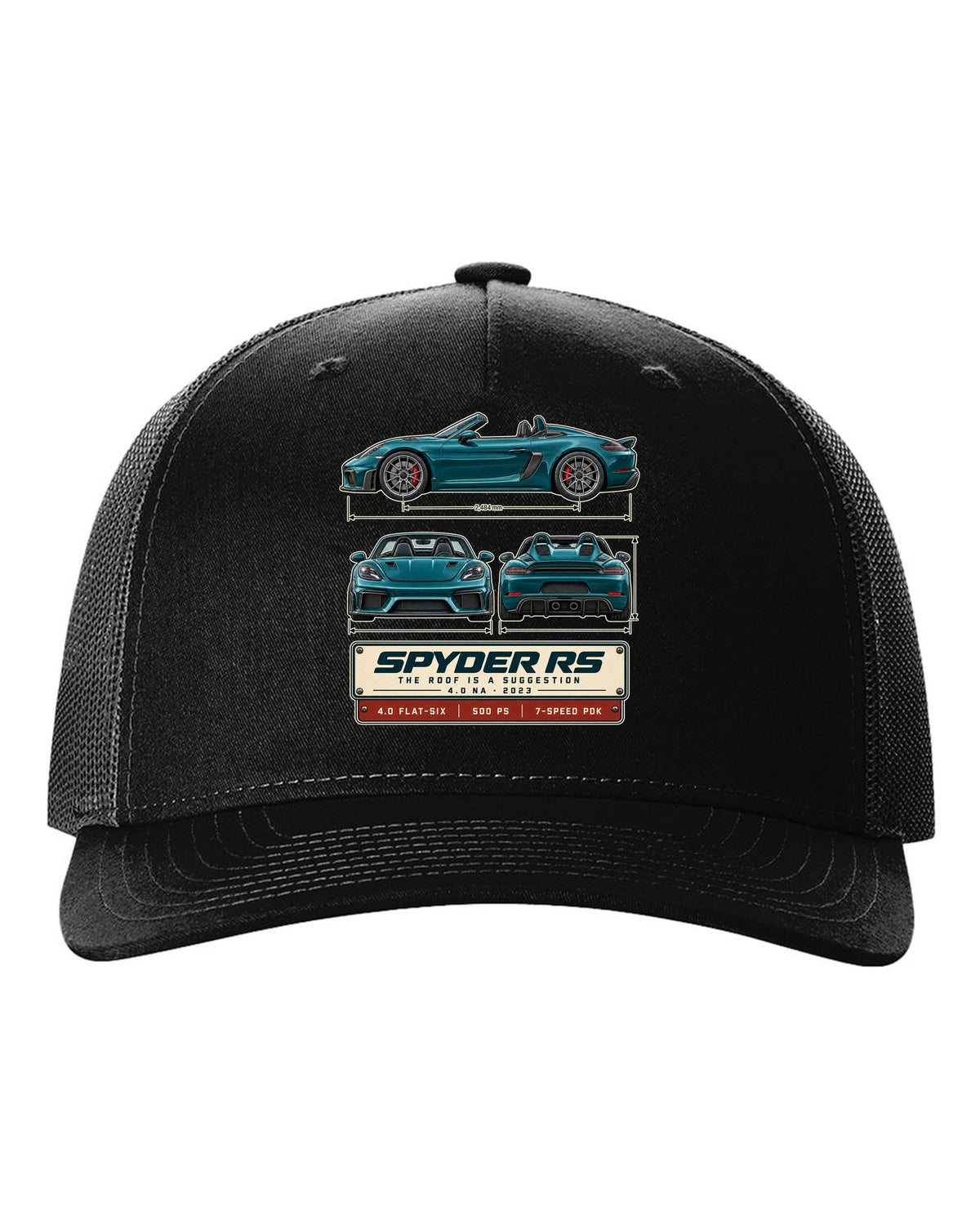 Three-view spec print of a Porsche 718 Spyder RS 982 black hat front view with the design