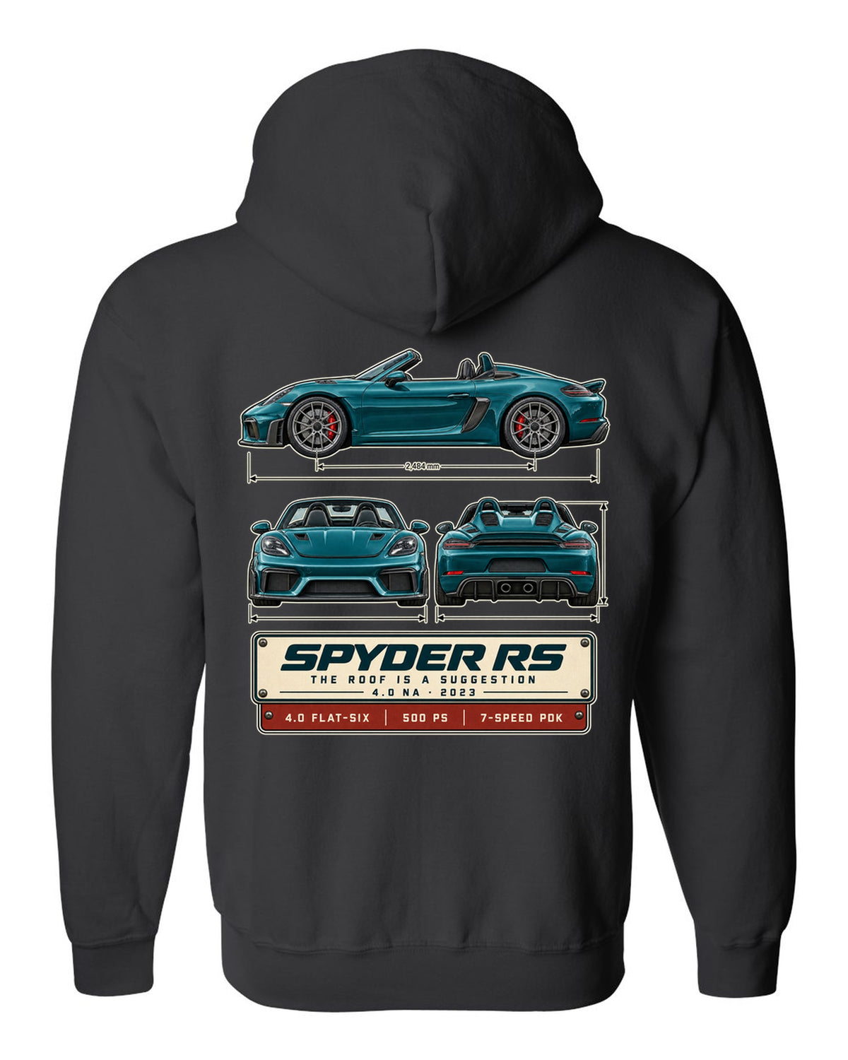 Three-view spec print of a Porsche 718 Spyder RS 982 black zip hoodie back view with the design