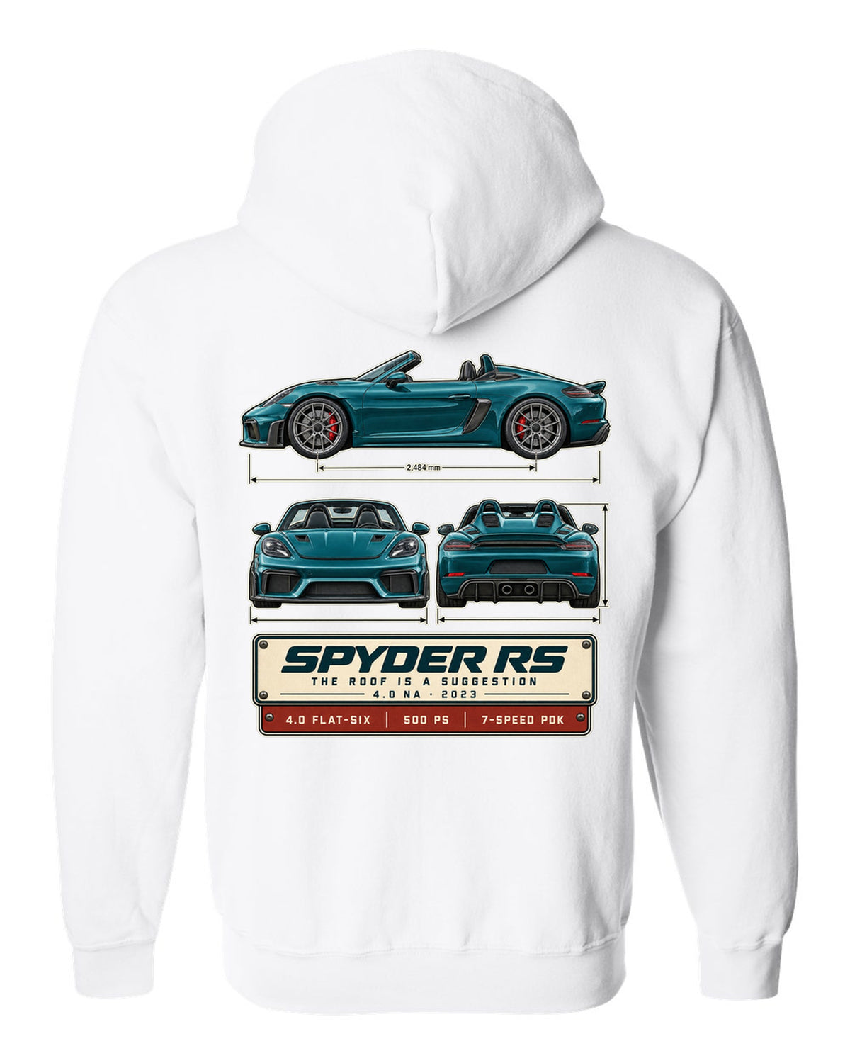 Three-view spec print of a Porsche 718 Spyder RS 982 white zip hoodie back view with the design