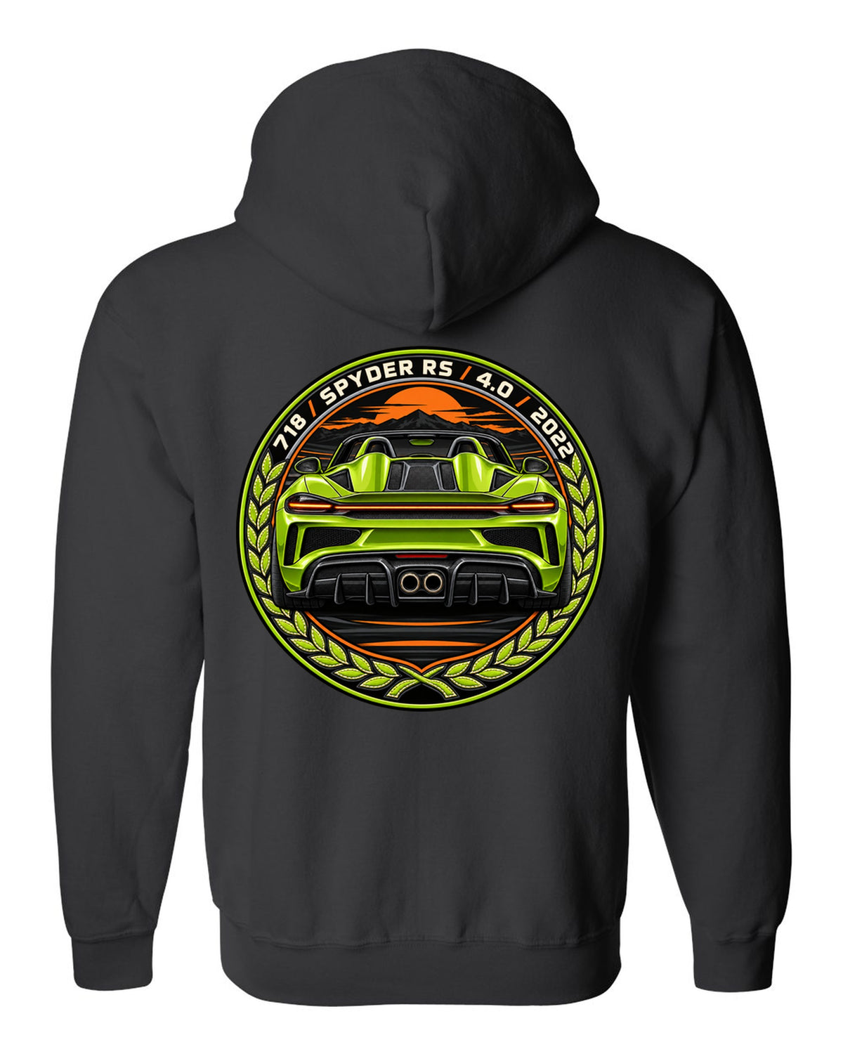 Round crest design for the Porsche 718 Spyder RS with 4.0 and 2022 lettering black zip hoodie back view with the design
