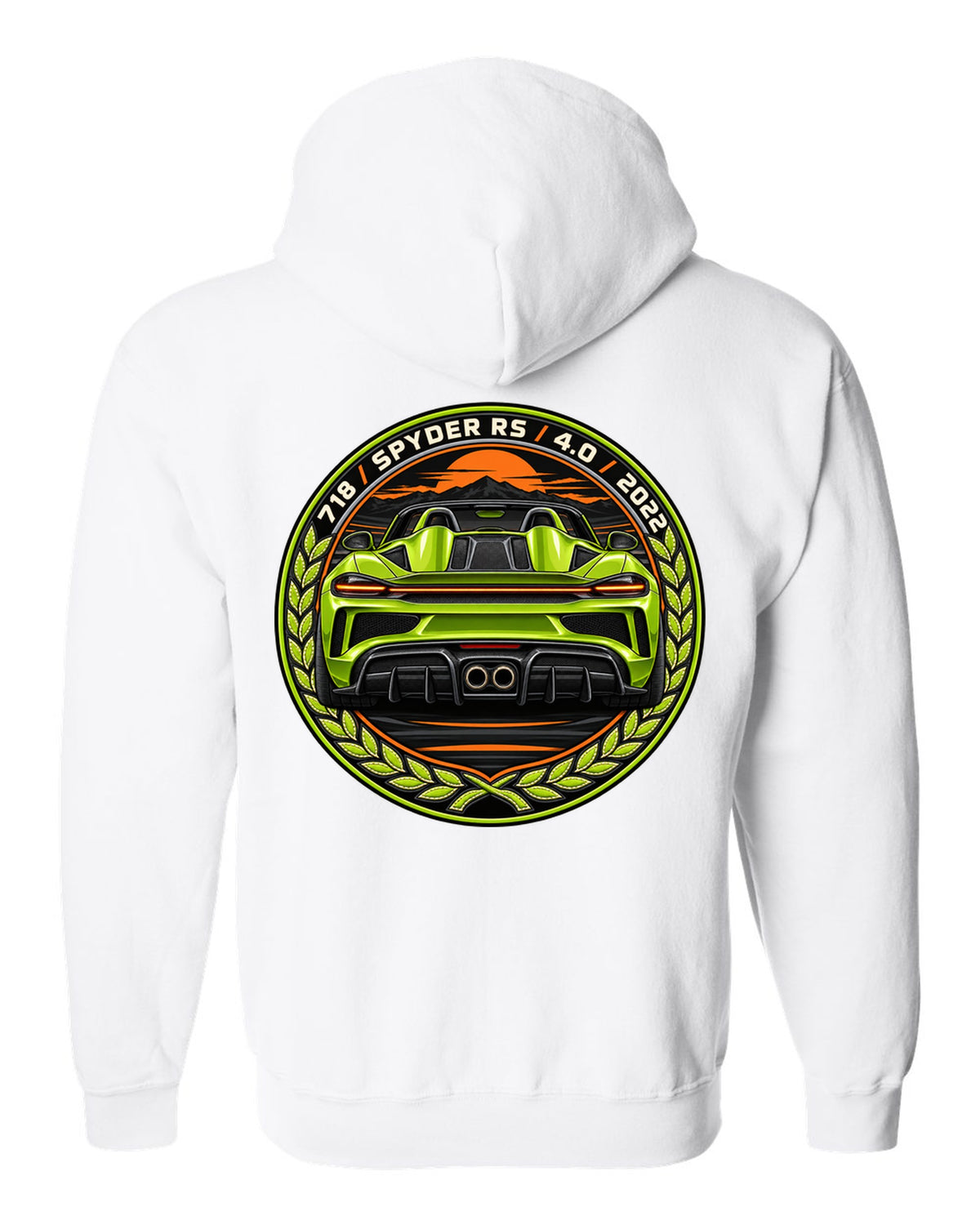 Round crest design for the Porsche 718 Spyder RS with 4.0 and 2022 lettering white zip hoodie back view with the design