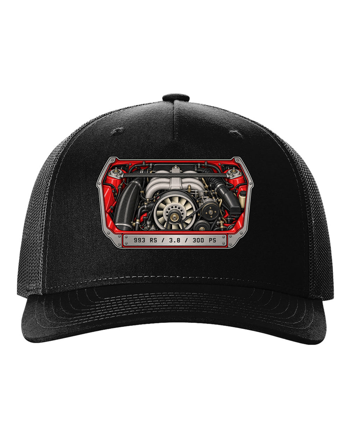 Porsche 901 topographic route map design with 1964 and 130 PS lettering black hat front view with the design