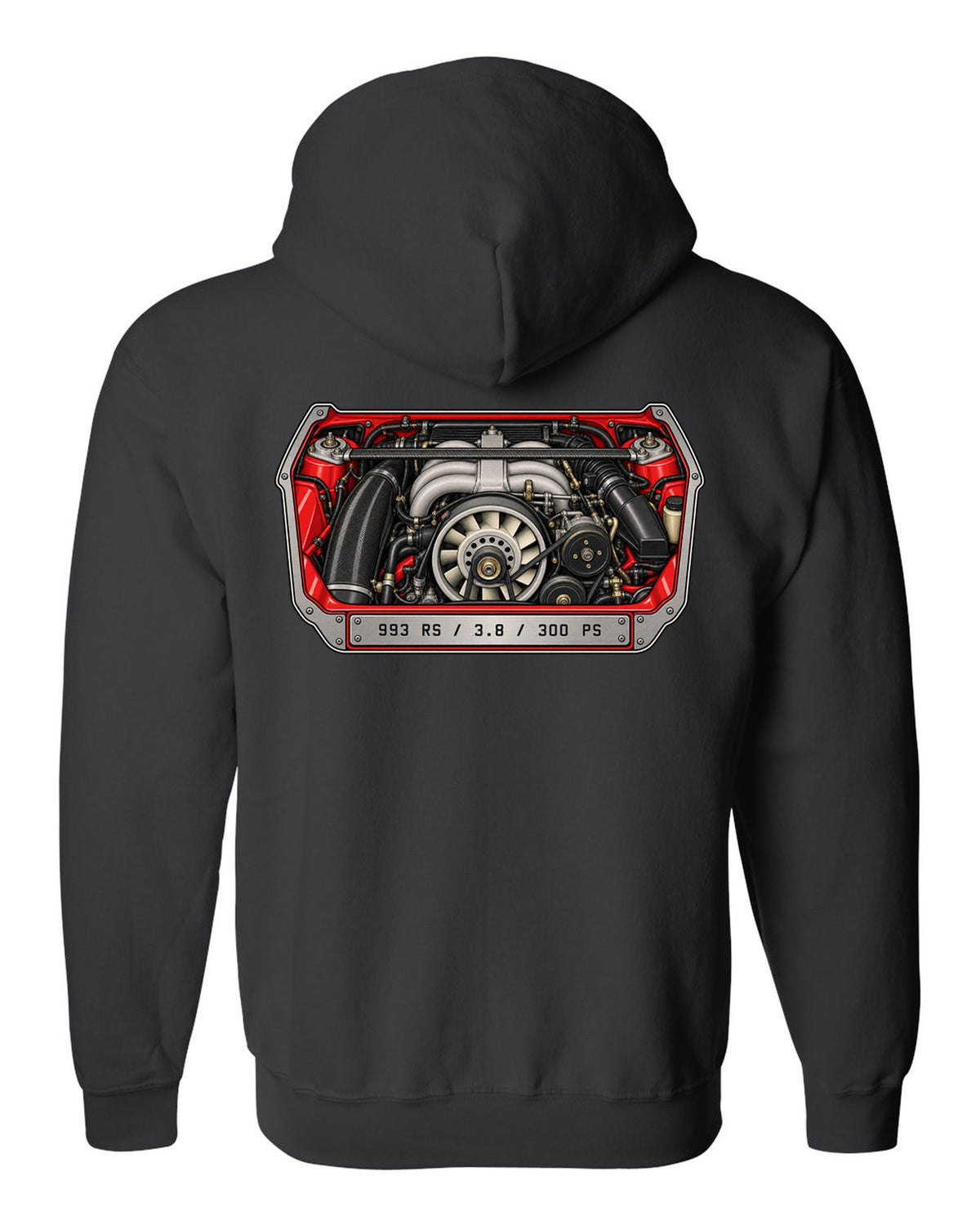 Porsche 901 topographic route map design with 1964 and 130 PS lettering black zip hoodie back view with the design