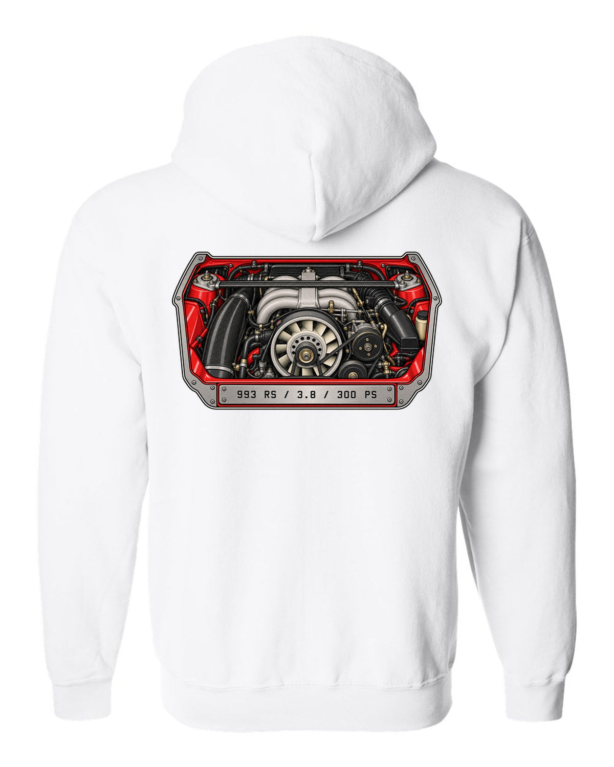 Porsche 901 topographic route map design with 1964 and 130 PS lettering white zip hoodie back view with the design