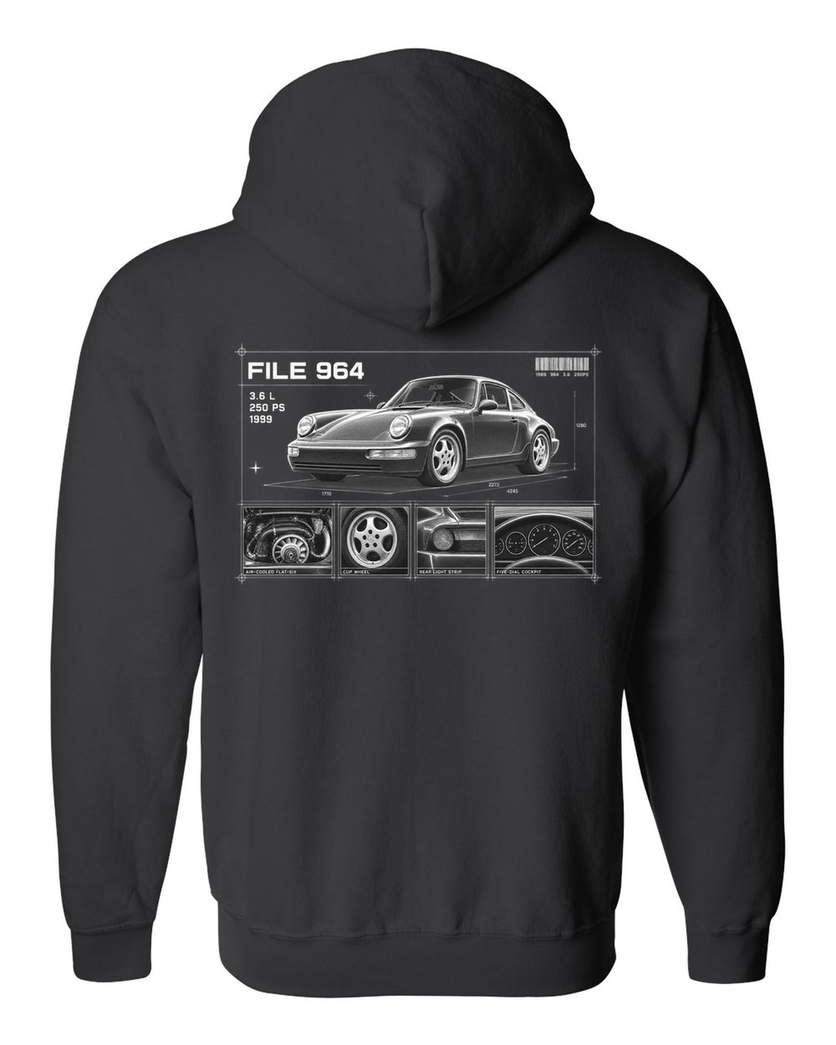 Dossier panel print of a Porsche 911 964 Carrera 2 with File 964 3.6 L 250 PS lettering black zip hoodie back view with the design