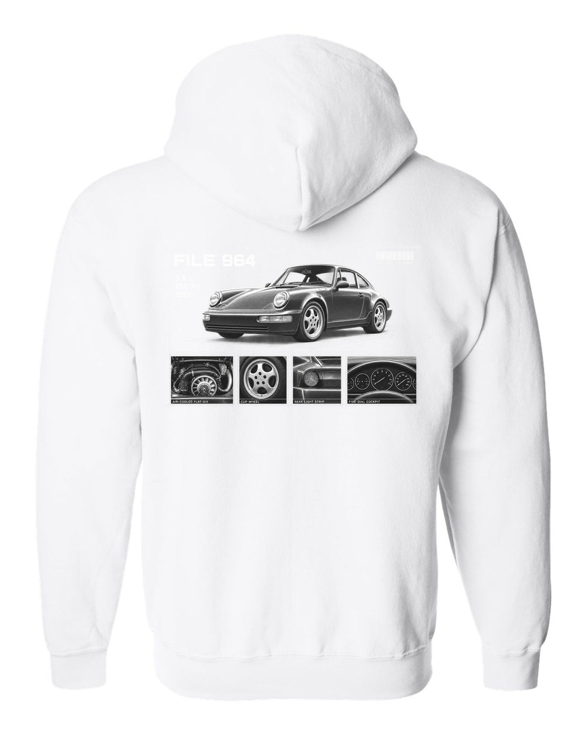 Dossier panel print of a Porsche 911 964 Carrera 2 with File 964 3.6 L 250 PS lettering white zip hoodie back view with the design