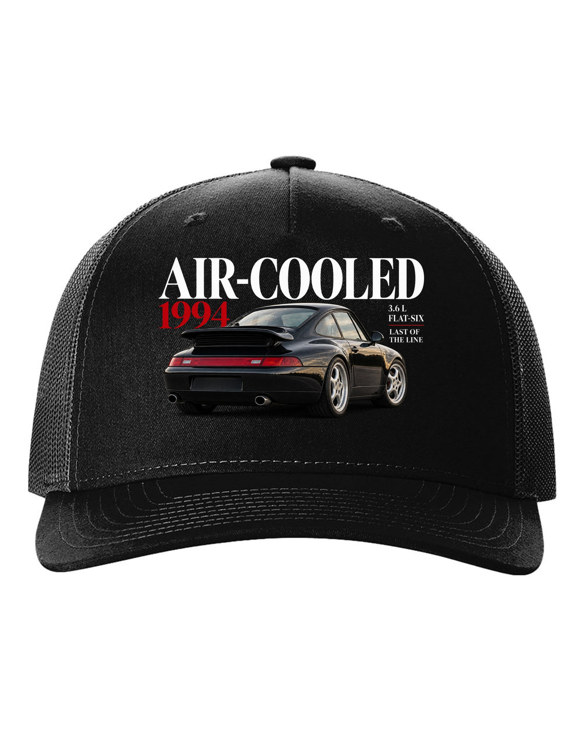 Editorial print of a Porsche 911 993 Carrera coupe with Air-Cooled 1994 3.6 L flat-six lettering black hat front view with the design