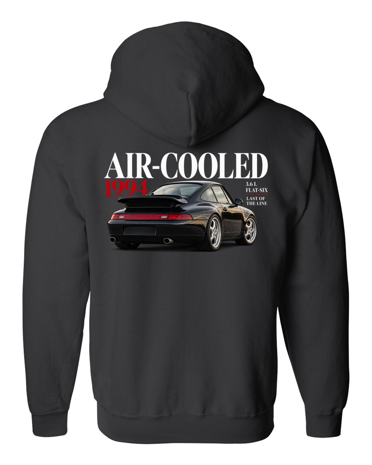 Editorial print of a Porsche 911 993 Carrera coupe with Air-Cooled 1994 3.6 L flat-six lettering black zip hoodie back view with the design